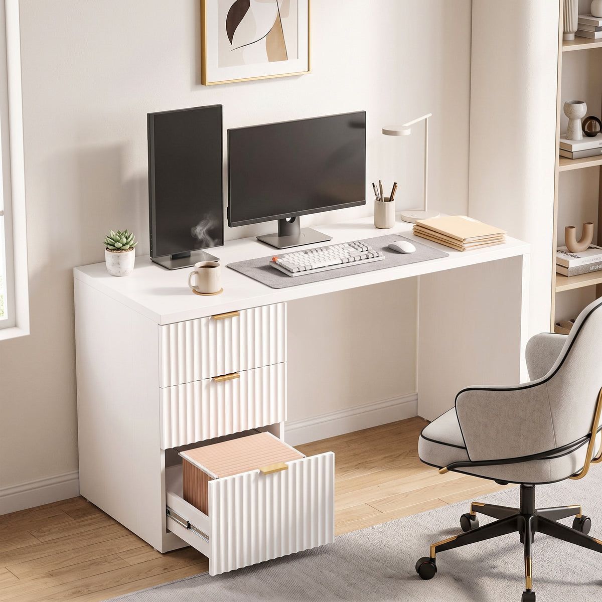 Computer Desk with 3 Drawers, 47" Reversible Home Office Desk with Storage, Thick Top, Modern Study Table with File Drawer for A4 and Letter Size, Bedroom, Studio, White