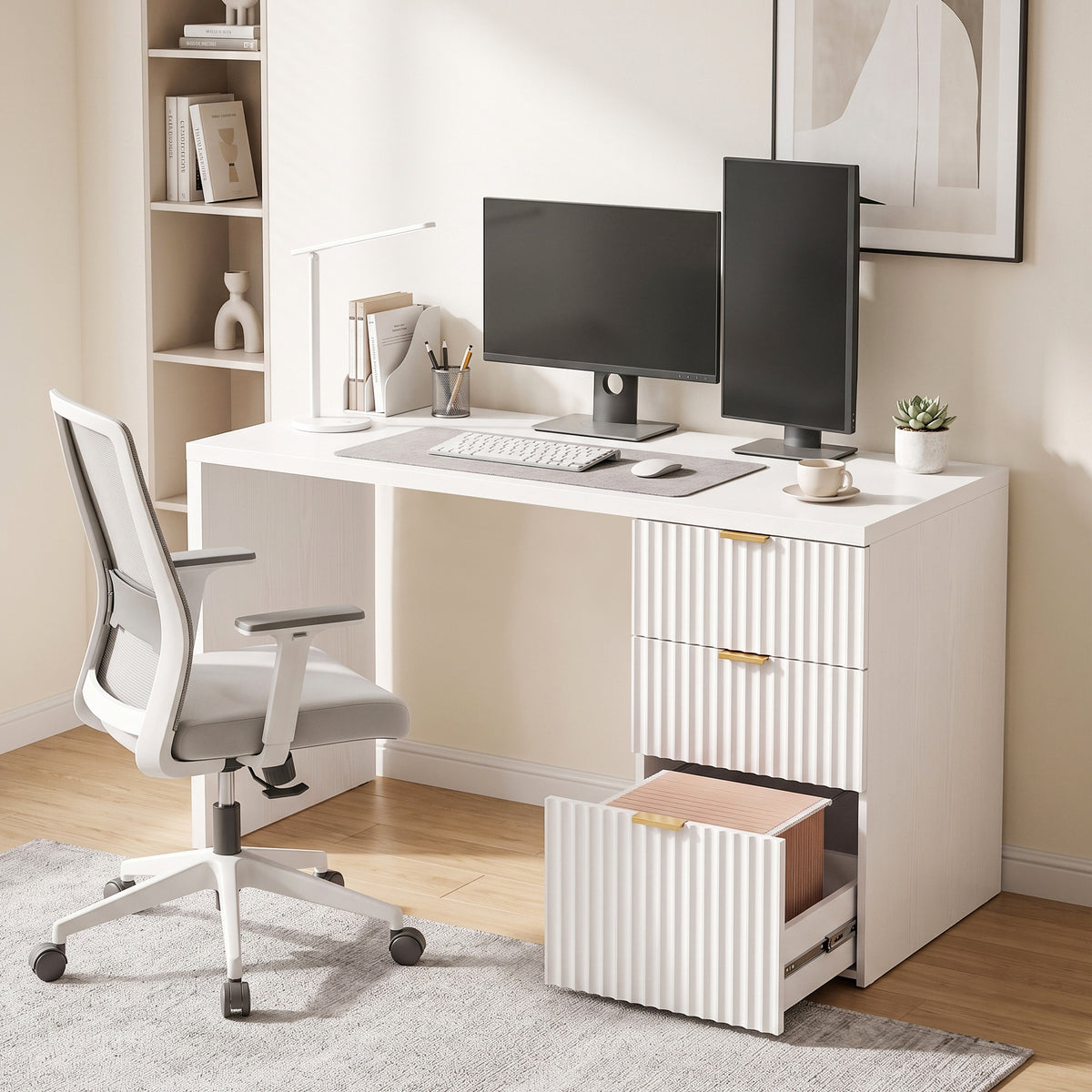 Computer Desk with 3 Drawers, 47" Reversible Home Office Desk with Storage, Thick Top, Modern Study Table with File Drawer for A4 and Letter Size, Bedroom, Studio, White