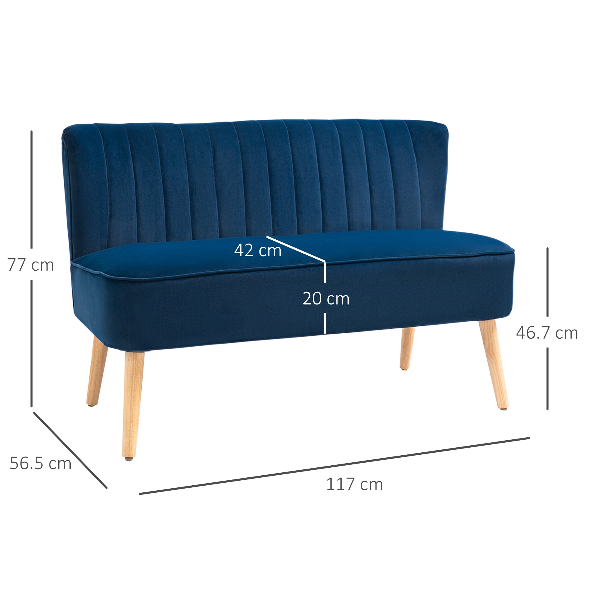 HOMCOM Modern Velvet Double Seat Sofa w/ Wood Frame Foam Padding High Back Soft Comfortable Compact Couch Home Office Stylish Plush Touch Blue