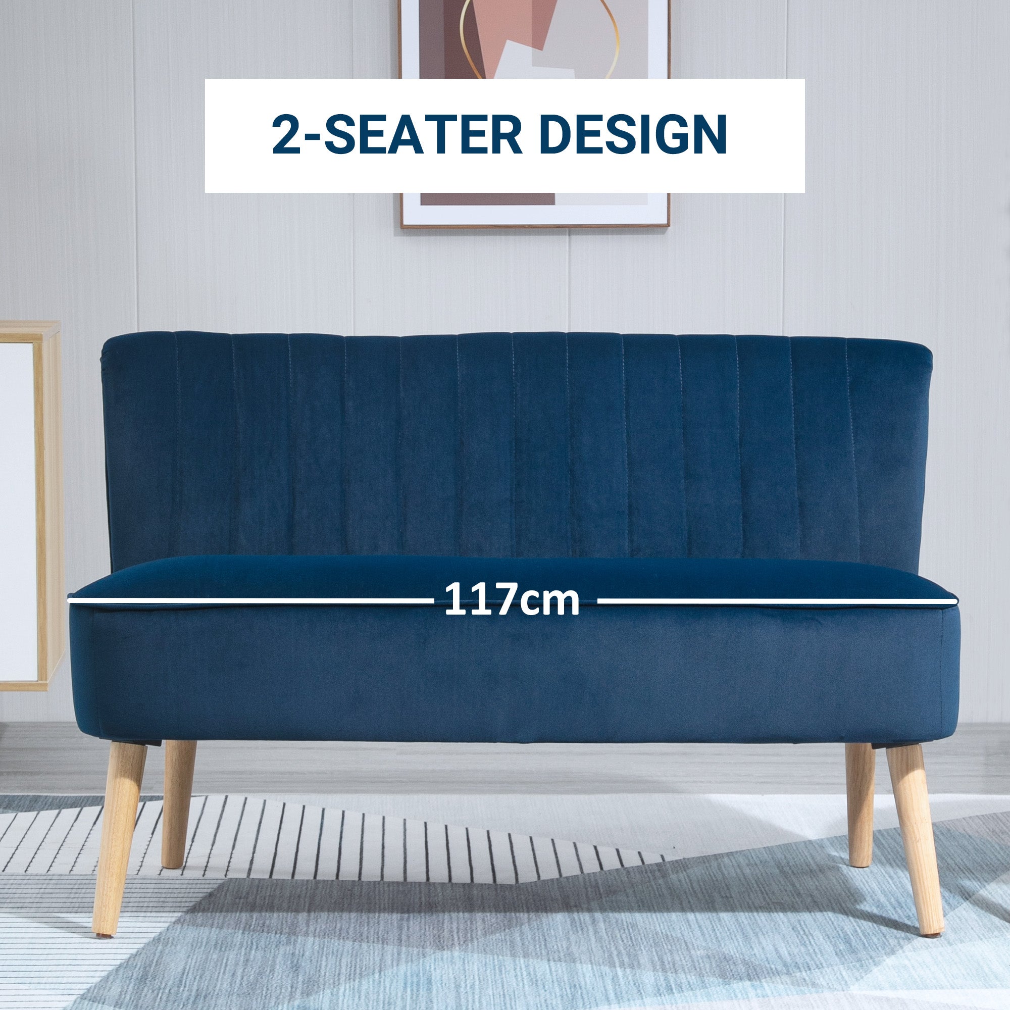 HOMCOM Modern Velvet Double Seat Sofa w/ Wood Frame Foam Padding High Back Soft Comfortable Compact Couch Home Office Stylish Plush Touch Blue