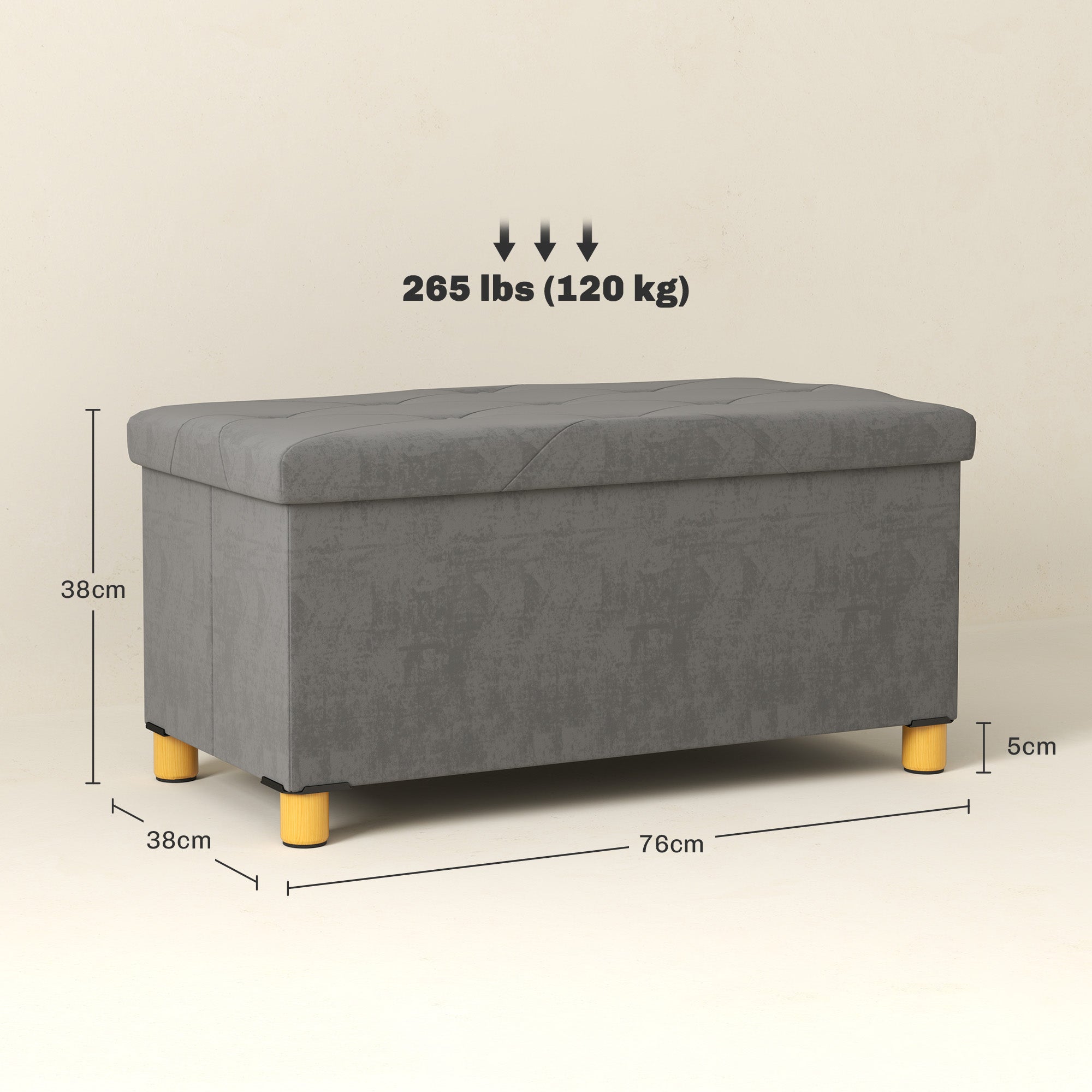 Storage Ottoman Bench, Velvet Upholstered Foldable Ottoman Footrest, Foot Stool with Wood Legs for Living Room, Bedroom, Entryway, Grey