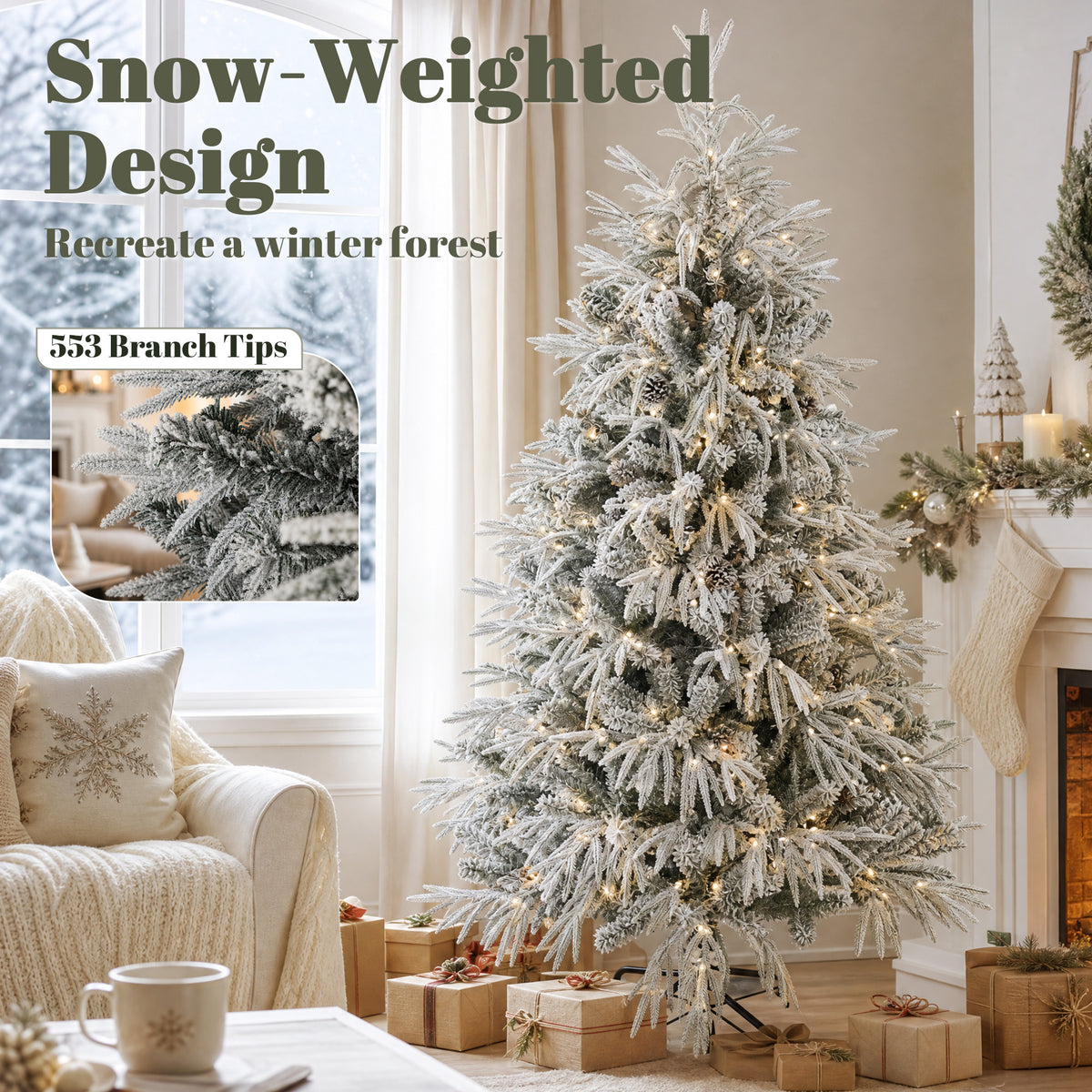 6ft Prelit Flocked Christmas Tree, Artificial Norfolk Pine Downswept Hinged Xmas Tree with 250 Warm White LED Lights, 8 Modes, 553 Tips, Steel Stand, Green and White
