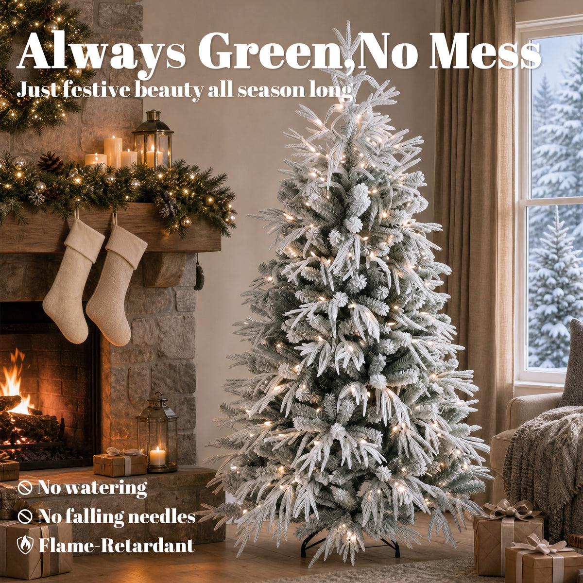 6ft Prelit Flocked Christmas Tree, Artificial Norfolk Pine Downswept Hinged Xmas Tree with 250 Warm White LED Lights, 8 Modes, 553 Tips, Steel Stand, Green and White