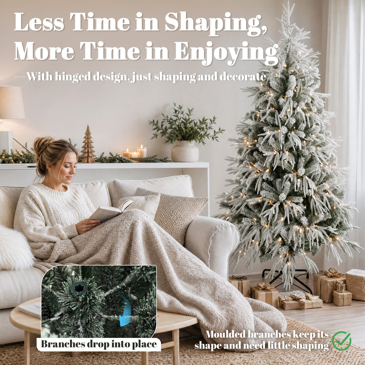 6ft Prelit Flocked Christmas Tree, Artificial Norfolk Pine Downswept Hinged Xmas Tree with 250 Warm White LED Lights, 8 Modes, 553 Tips, Steel Stand, Green and White