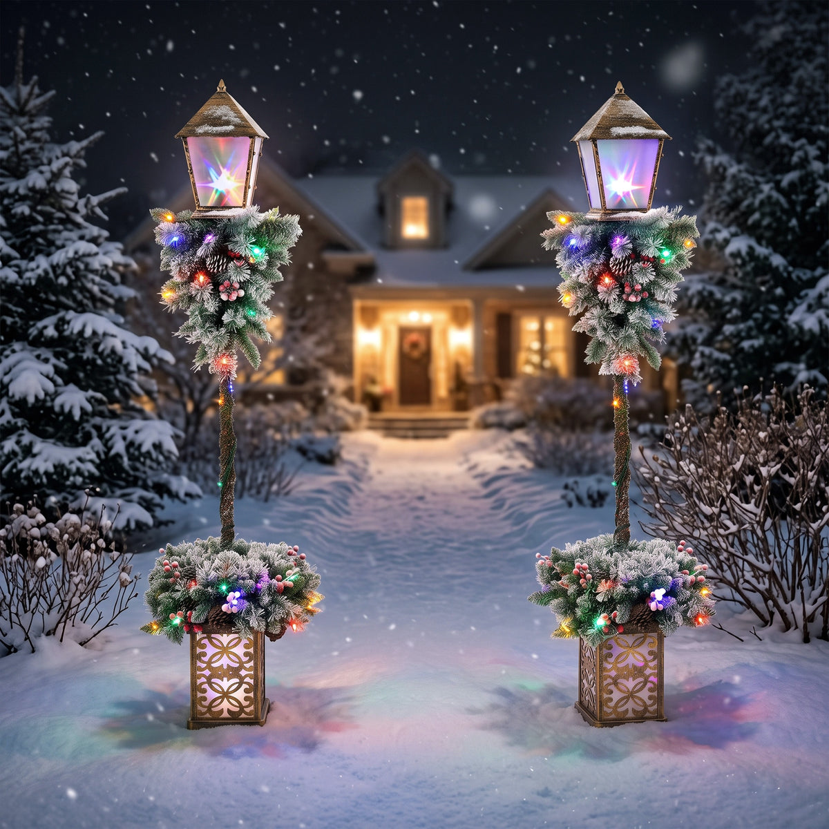Christmas Street Lamp, Lighted Christmas Lamp Post with 50 LED Lights, 215 Snow Flocked Tips, Red Berries, Pine Cones, IP44 Waterproof, Outdoor Tree Lamp for Home, Doorway and Porch