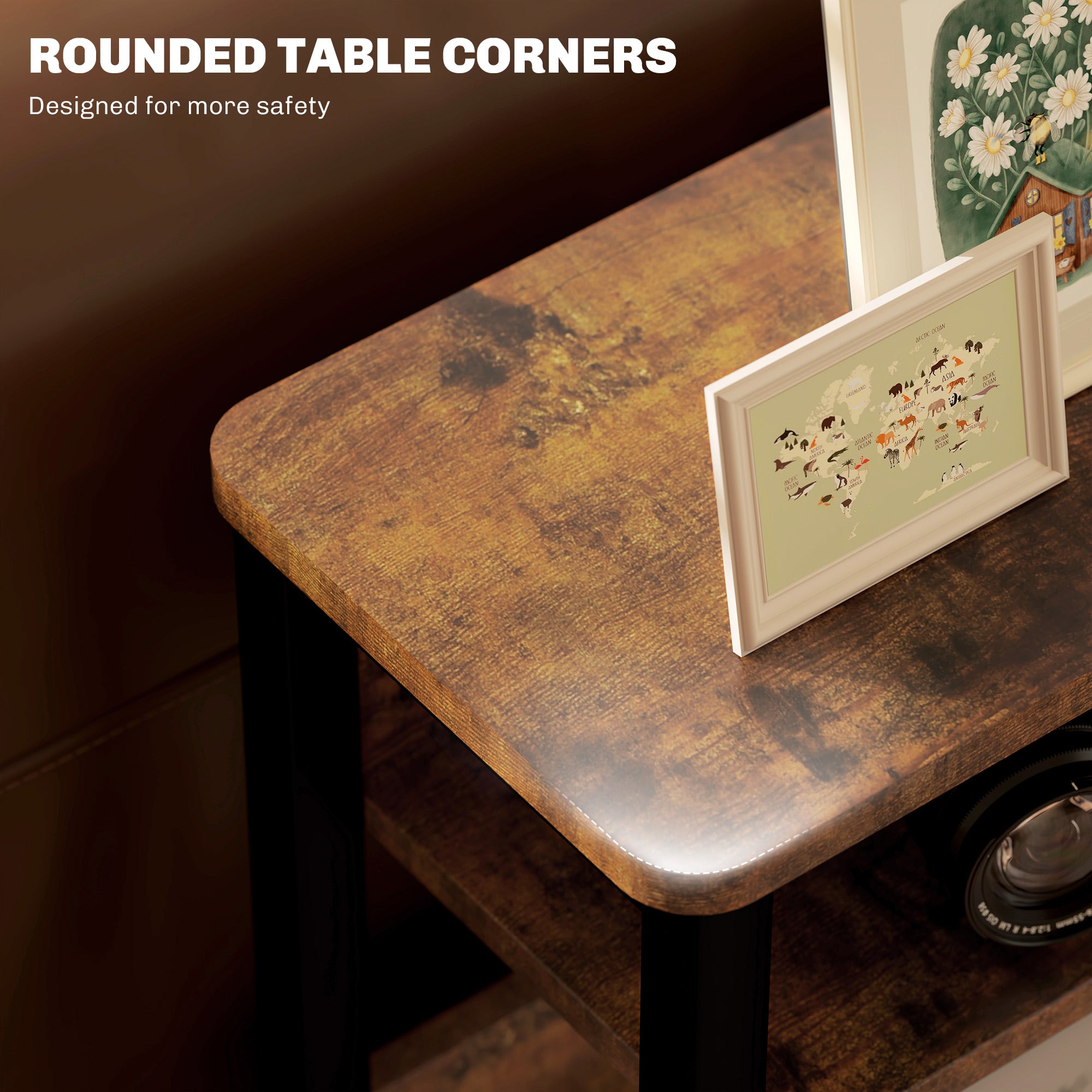 HOMCOM Side Table, Narrow Bedside Table with 2 Storage Shelves, Industrial Sofa End Table with Metal Frame for Living Room, Bedroom, Rustic Brown