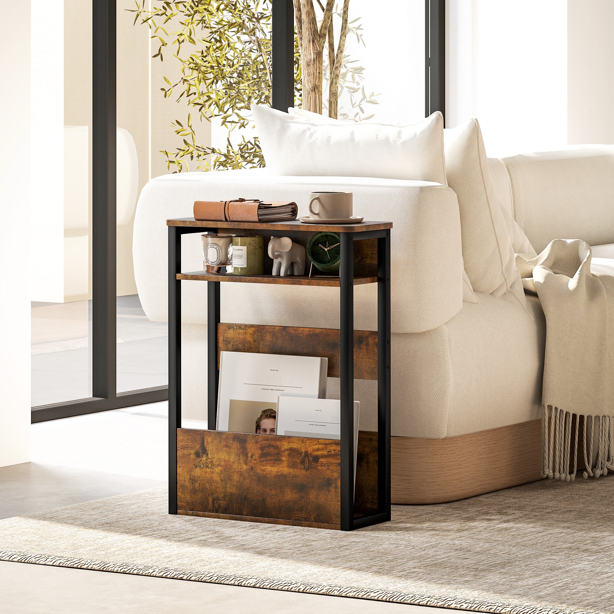 HOMCOM Side Table, Narrow Bedside Table with 2 Storage Shelves, Industrial Sofa End Table with Metal Frame for Living Room, Bedroom, Rustic Brown