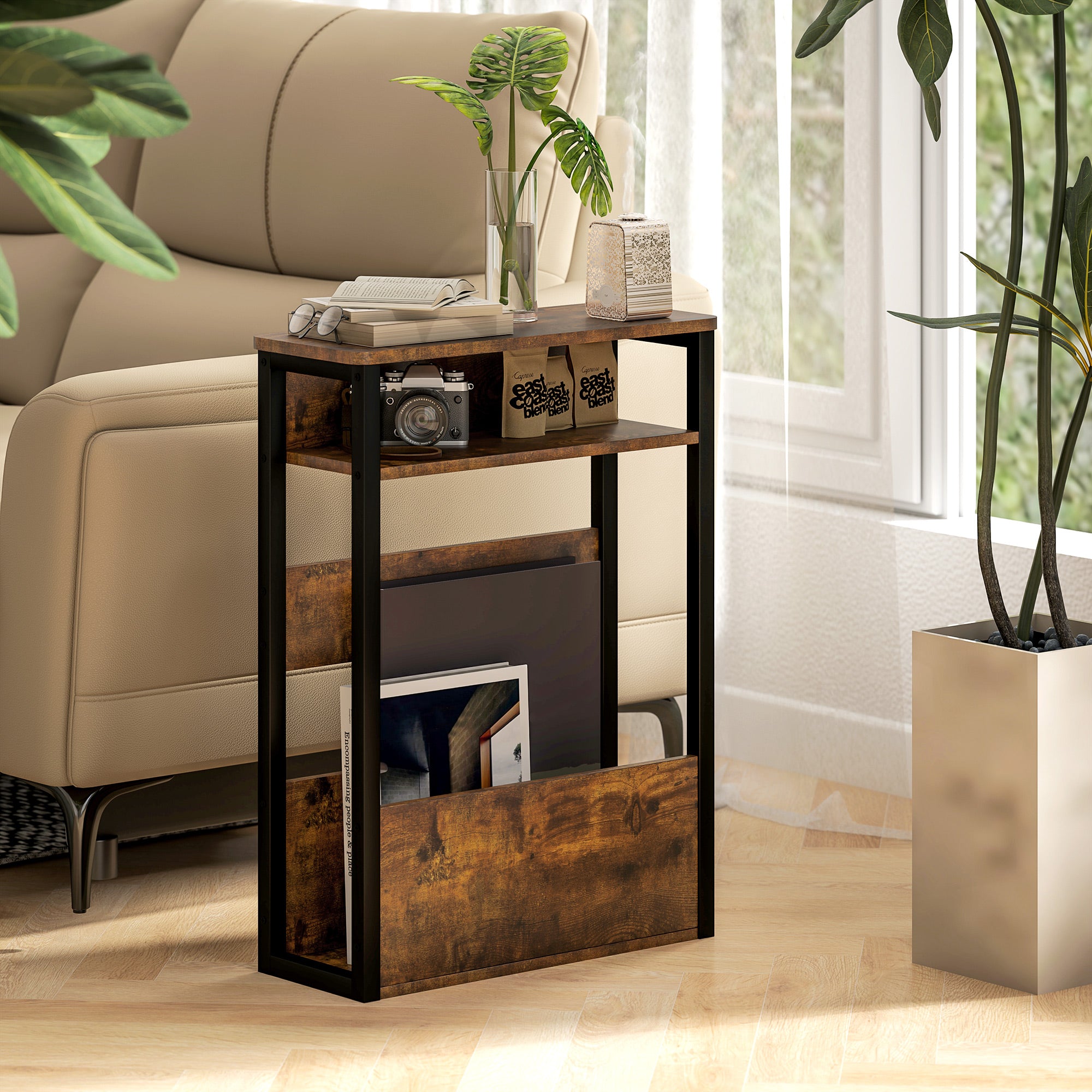HOMCOM Side Table, Narrow Bedside Table with 2 Storage Shelves, Industrial Sofa End Table with Metal Frame for Living Room, Bedroom, Rustic Brown