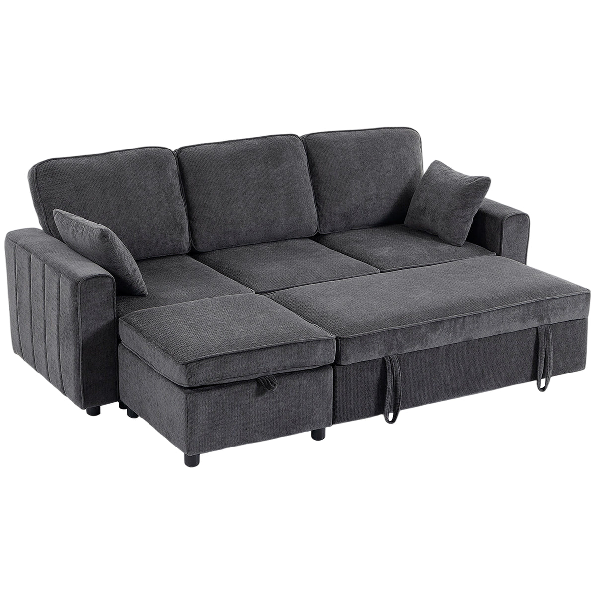 Modular Sectional Sofa Bed with Reversible Storage Ottoman, Chenille Pull Out Sleeper Sofa with Spring Cushion, Wide and Deep Seat, 3 Seater Couch for Living Room, Dark Grey