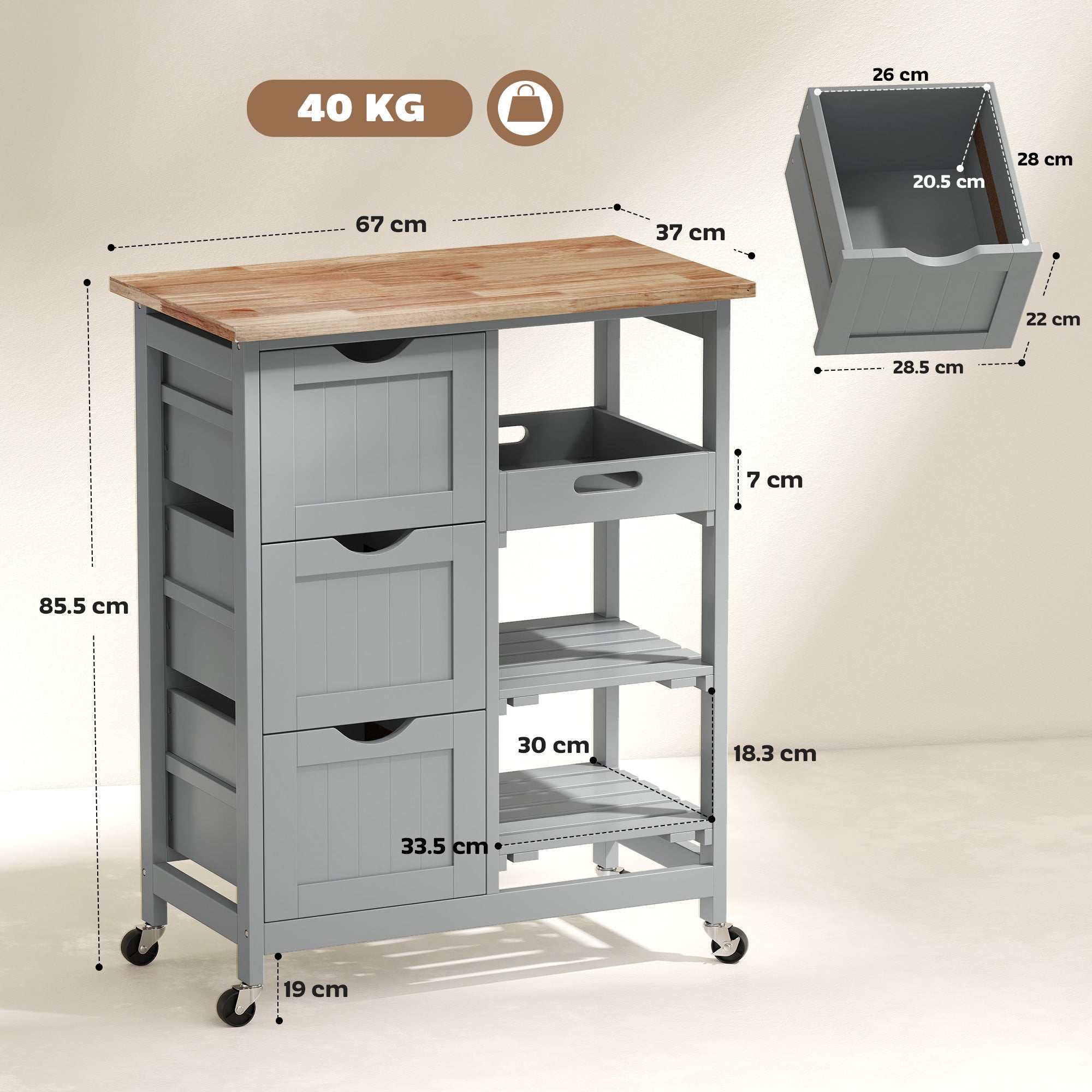 Rolling Kitchen Island Cart, Bar Serving Cart, Compact Trolley on Wheels with Wood Top, Shelves & Drawers for Home Dining Area, Grey