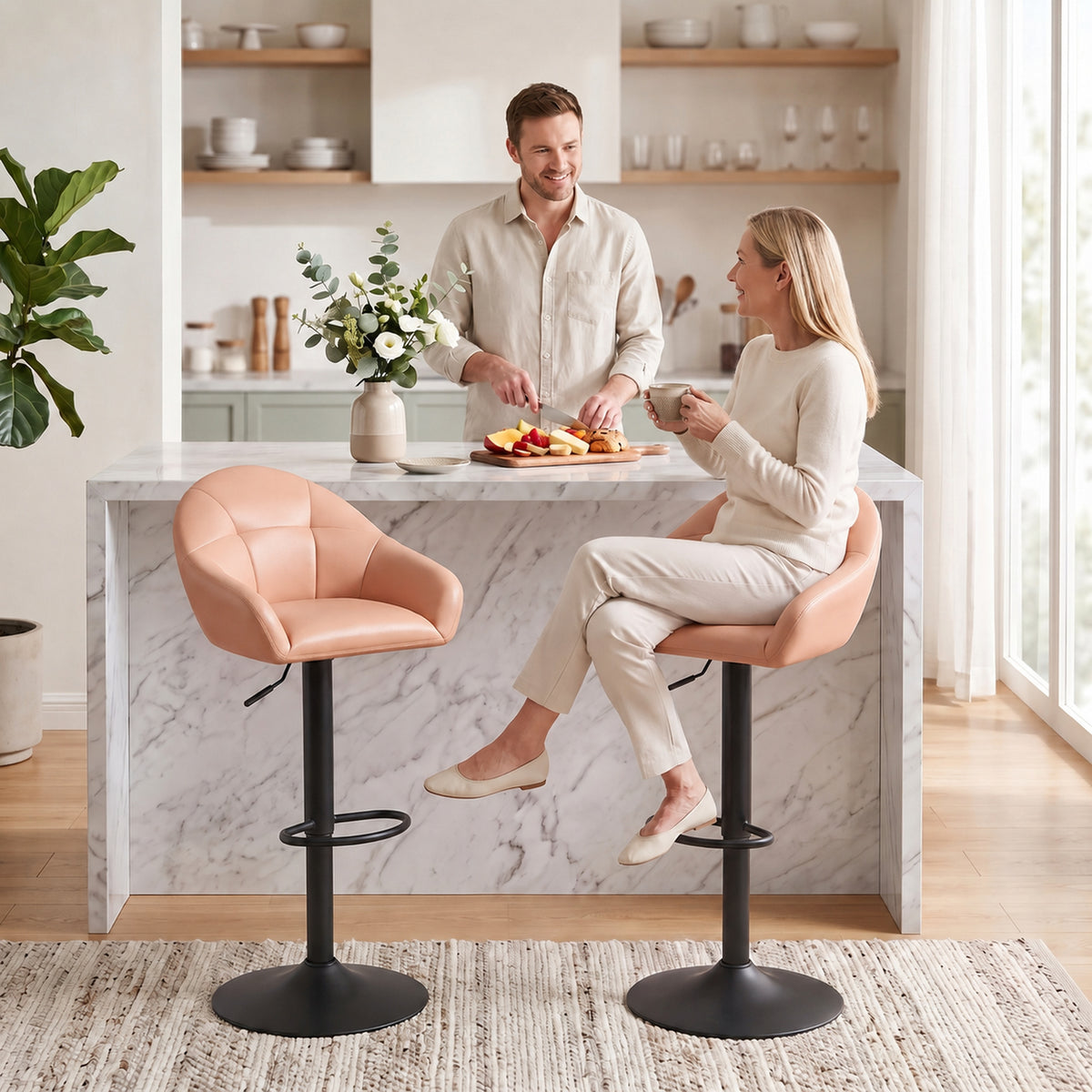 Breakfast Bar Stools Set of 2, Modern Faux Leather Swivel Barstools, Adjustable Counter Height Bar Chairs with Backrest, Arm, Footrest for Kitchen Island, Dining Room, Bar, Brown