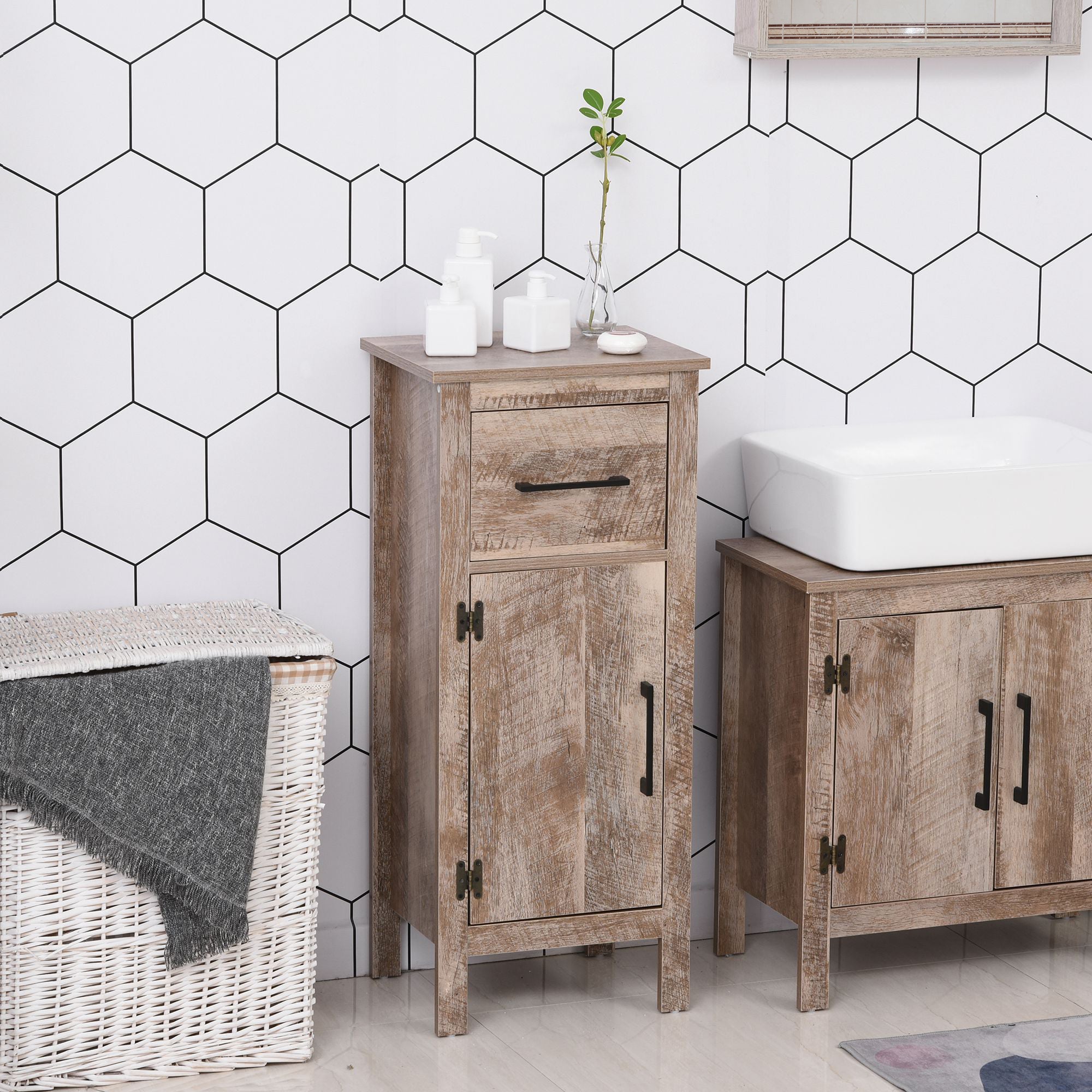 35" Bathroom Cabinet, Farmhouse Bathroom Storage Cabinet with Drawer and Adjustable Shelf, Freestanding Slim Storage Unit for Small Spaces, Distressed Wood Grain