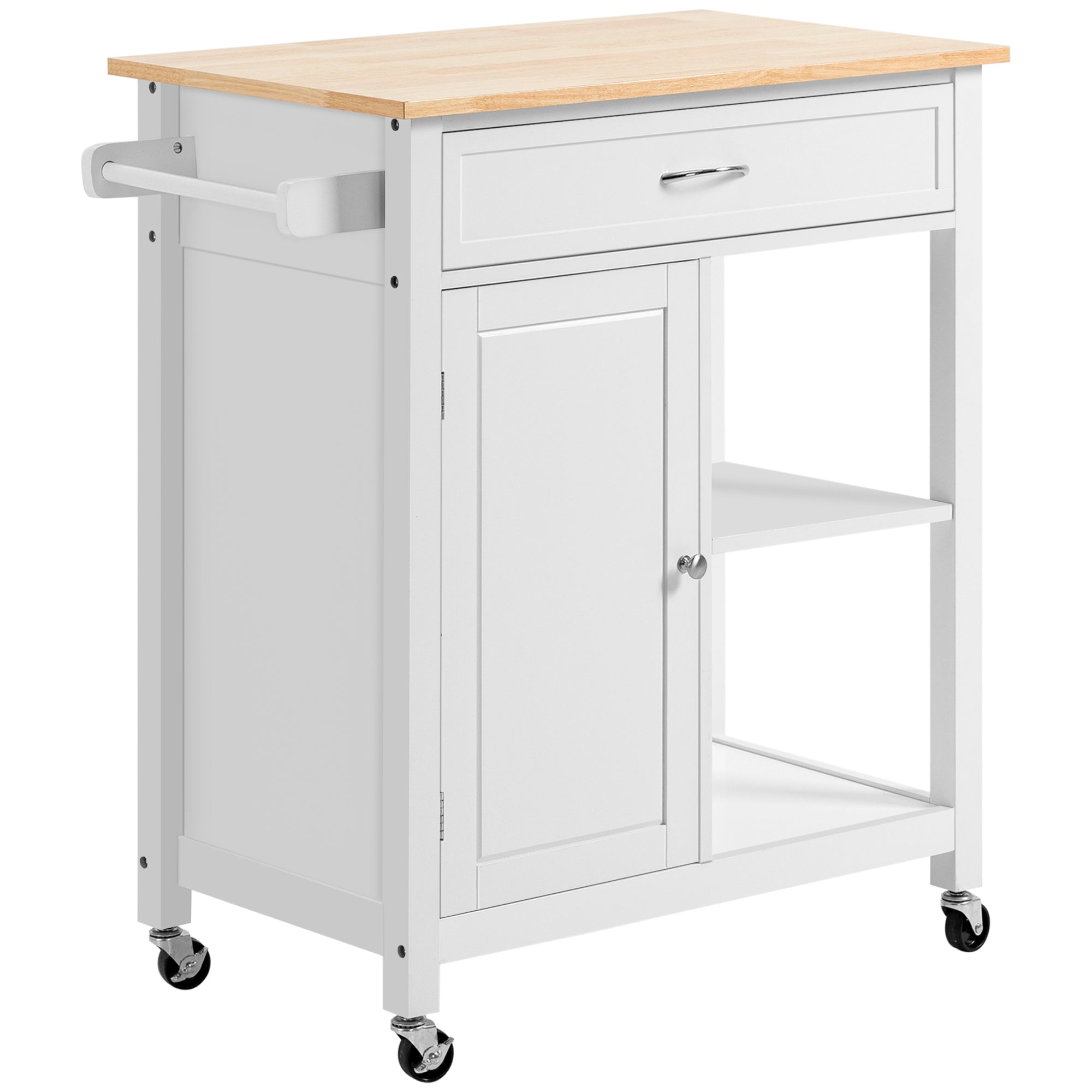 HOMCOM Rolling Kitchen Cart with Wood Top and Drawer, Kitchen Island on Wheels for Dining Room, White