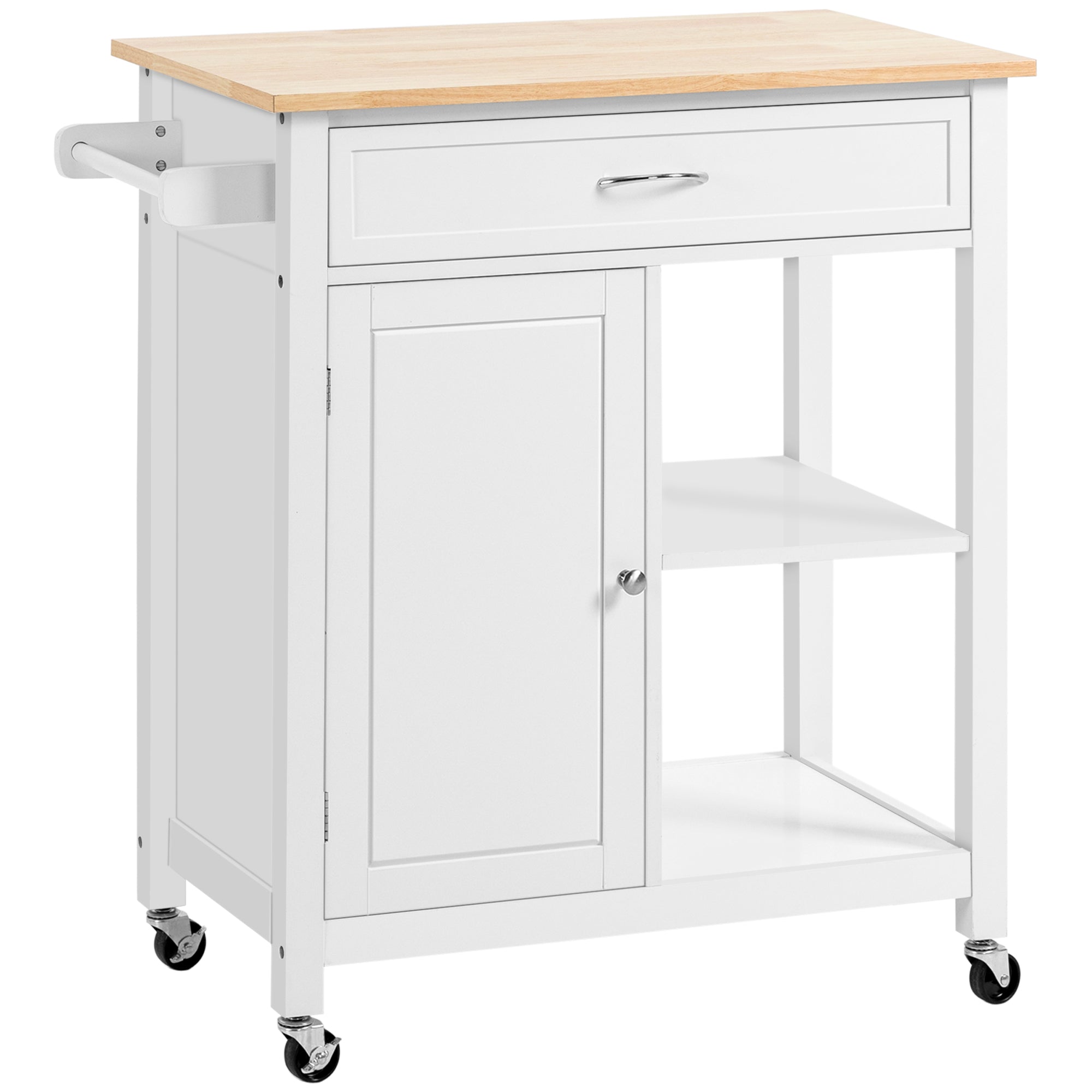 HOMCOM Rolling Kitchen Cart with Wood Top and Drawer, Kitchen Island on Wheels for Dining Room, White