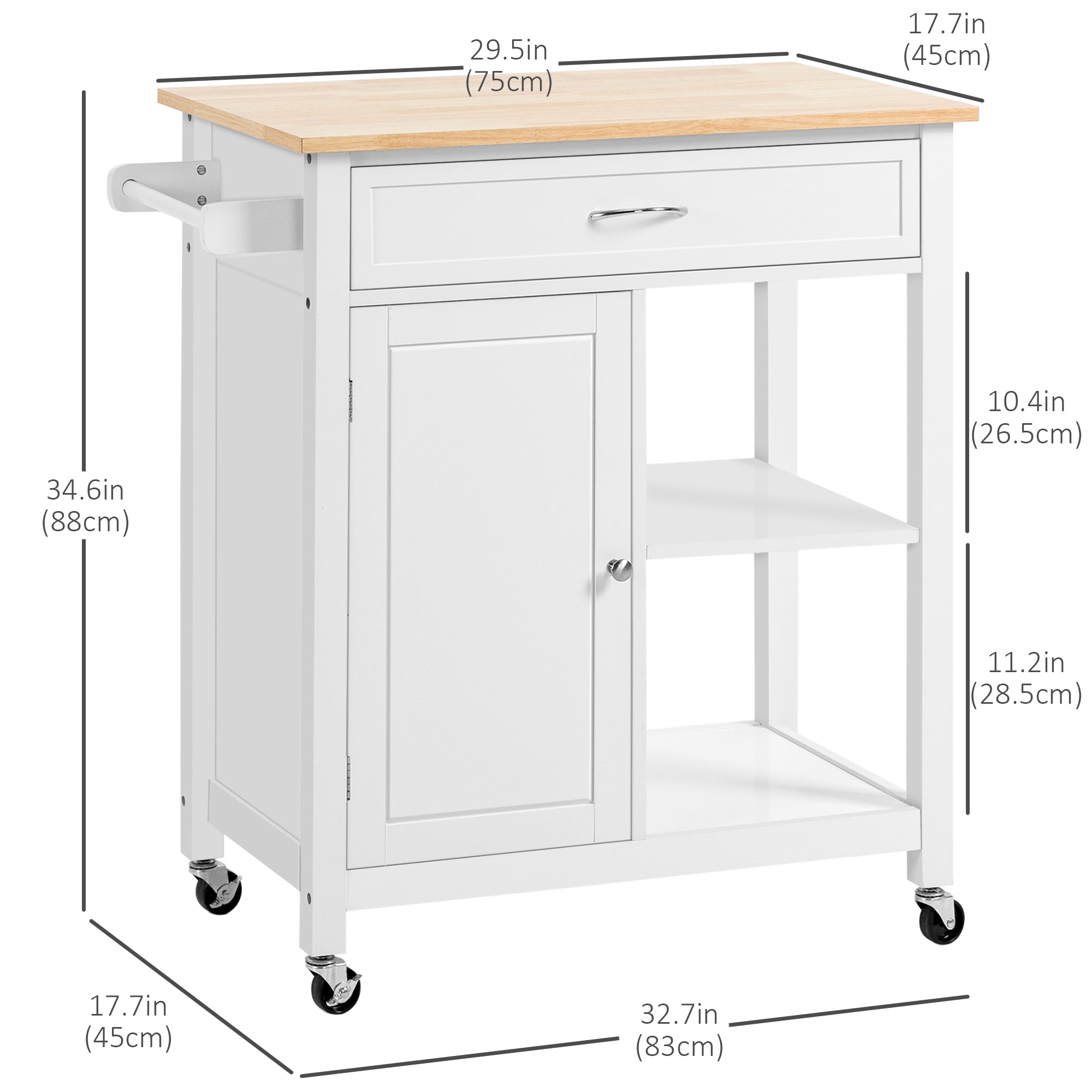 HOMCOM Rolling Kitchen Cart with Wood Top and Drawer, Kitchen Island on Wheels for Dining Room, White