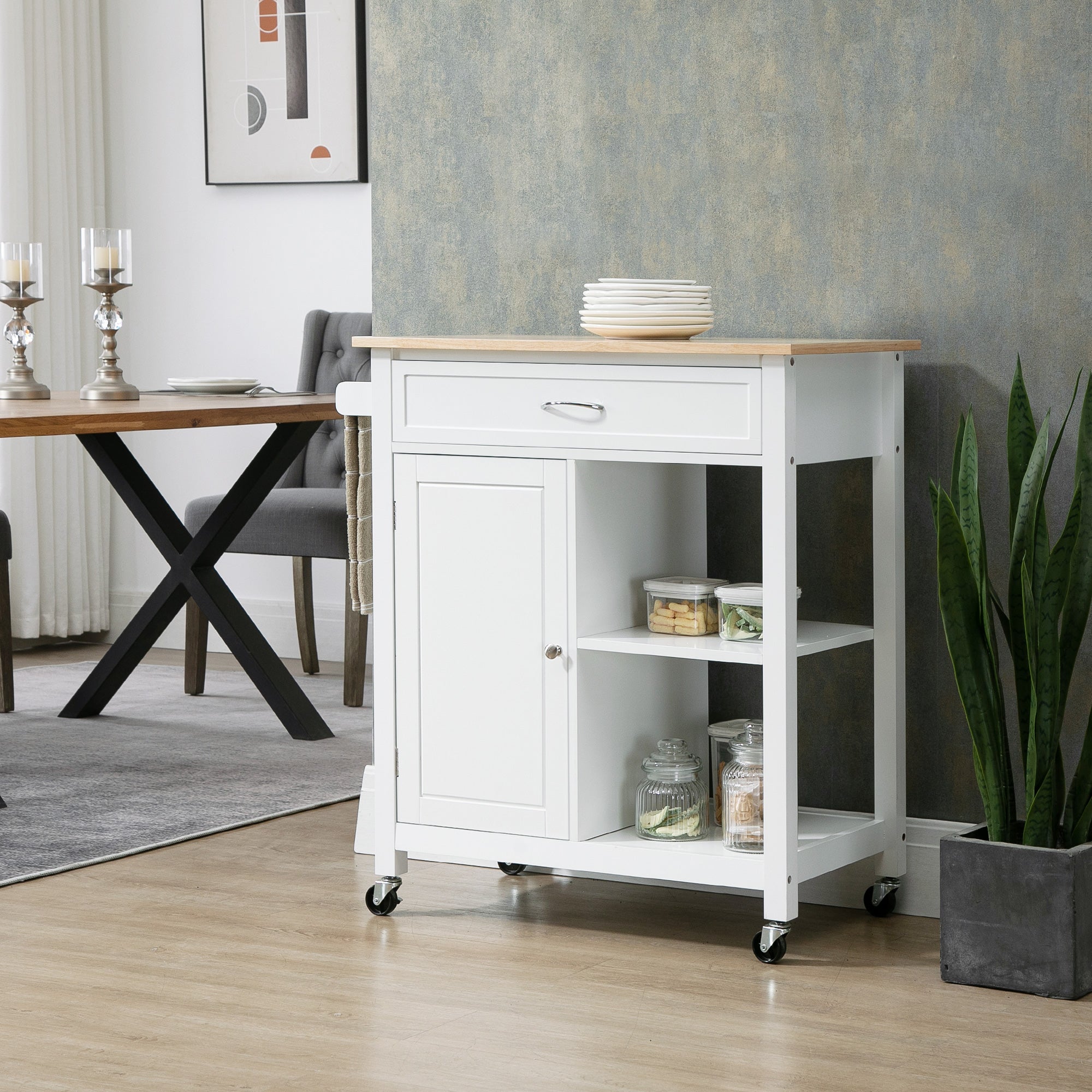 HOMCOM Rolling Kitchen Cart with Wood Top and Drawer, Kitchen Island on Wheels for Dining Room, White