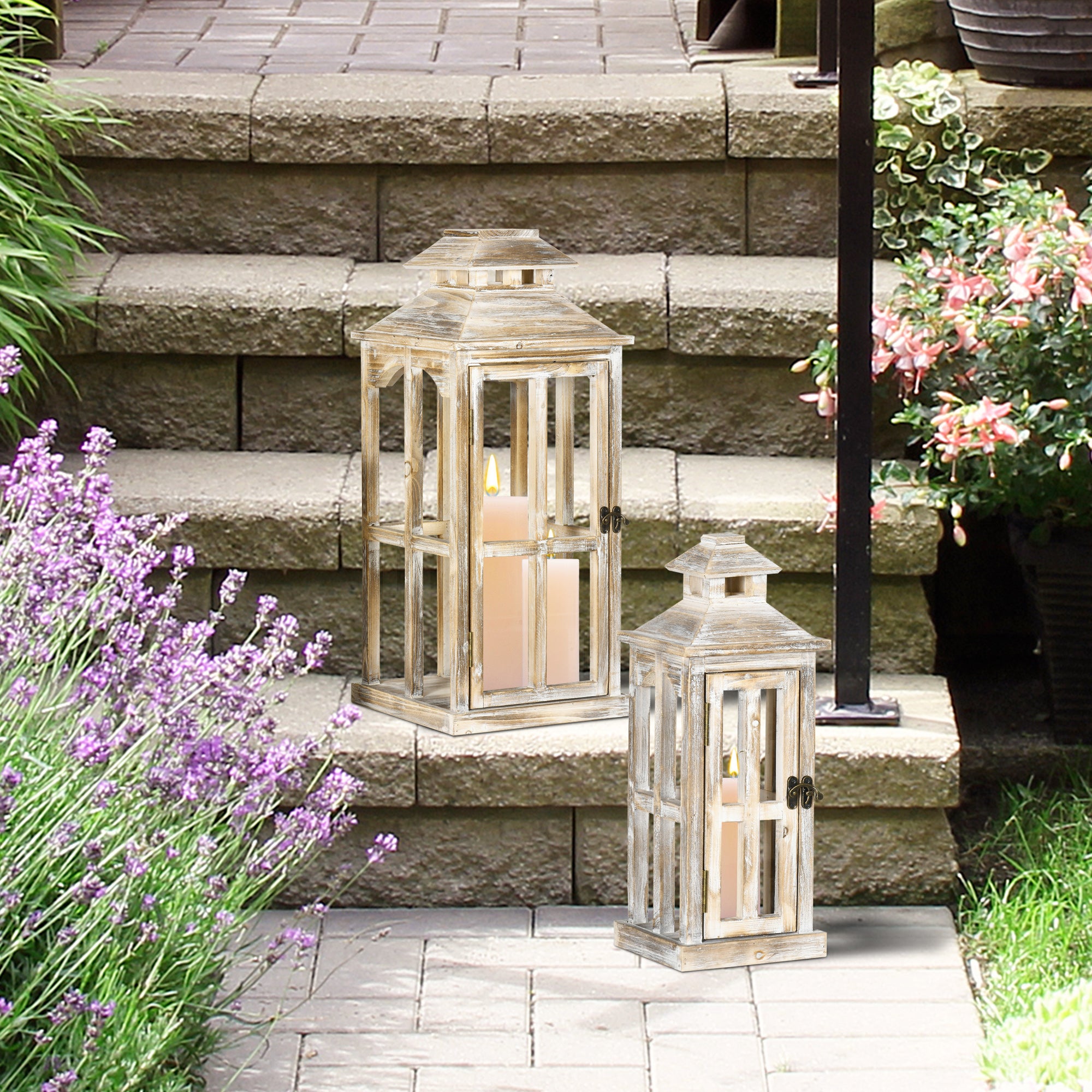 Large Rustic Wooden Lanterns - 2 Pack for Indoor \u0026 Outdoor Decor, image size:2000x2000
