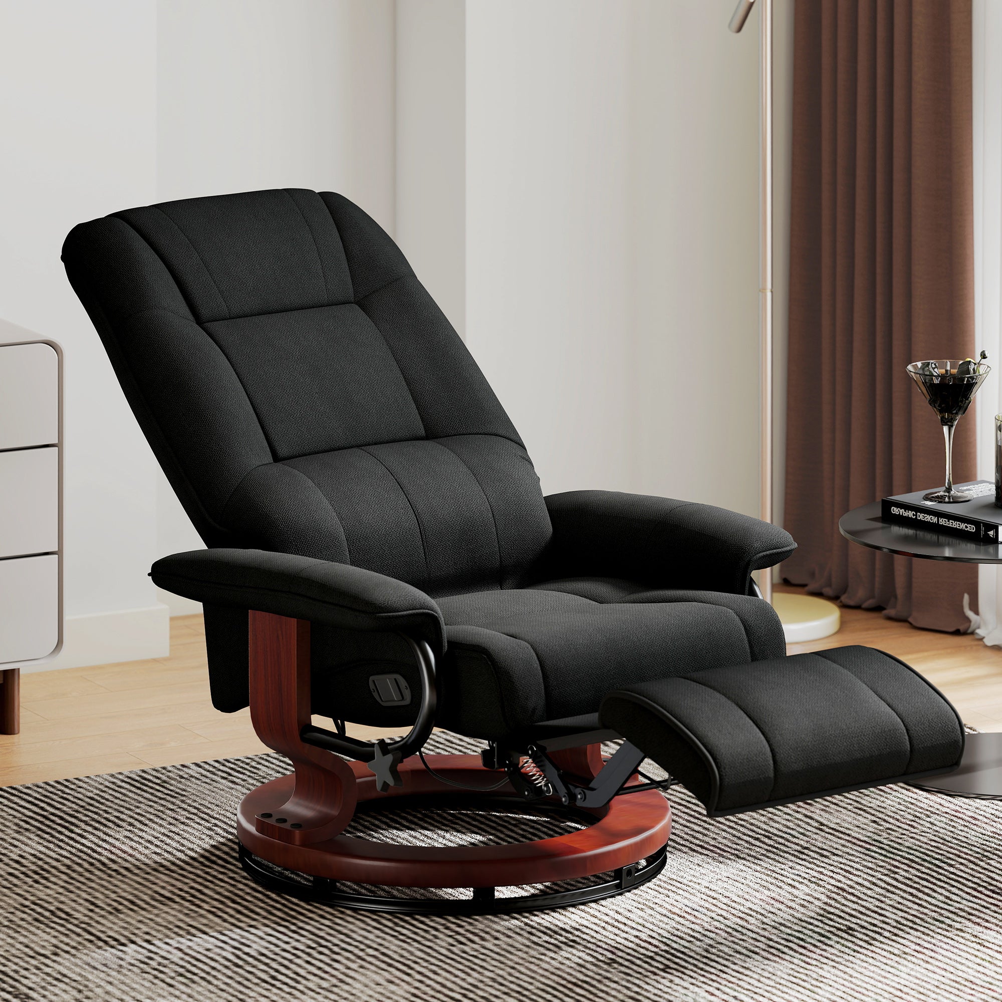360° Swivel Recliner Chair with Footstool, Manual Recliner Armchair with Wooden Base, Linen-Like Upholstered Reclining Chair for Living Room, Bedroom, Office, Black