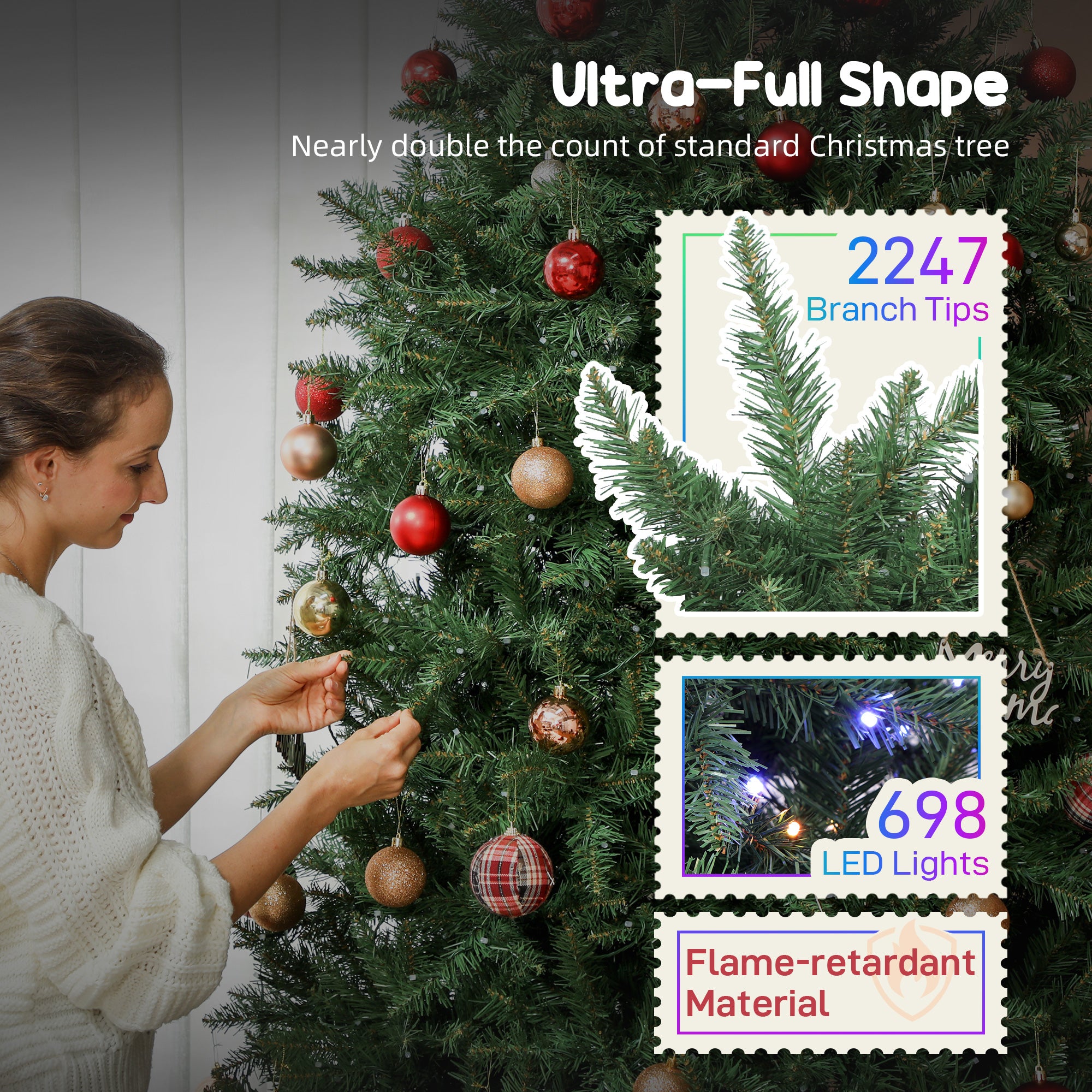 7.5ft Smart Prelit Christmas Tree with Full-Spectrum RGB Dimmable LEDs, App and Remote Control, Wide Full Hinged Xmas Tree, Easy Assembly, Artificial Holiday Decoration, Green