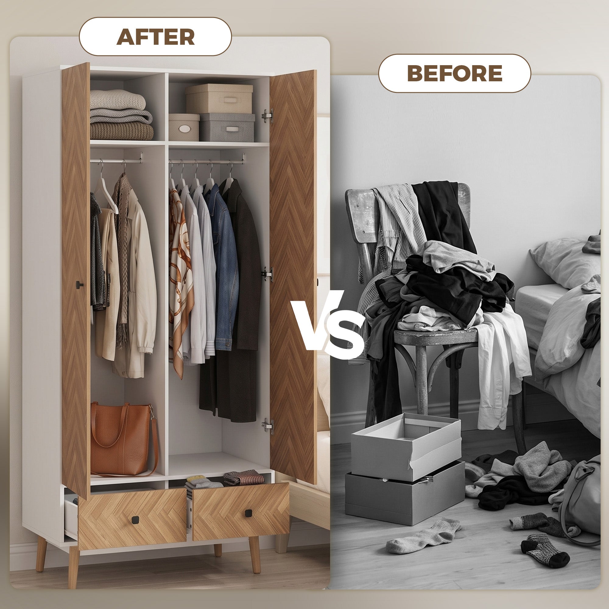 Modern Wardrobe Cabinet Wood-Effect Sticker Surface with 2 Hanging Rods, 2 Storage Shelves and 2 Drawers, 90 x 50 x 190 cm, White and Natural Wood Finish
