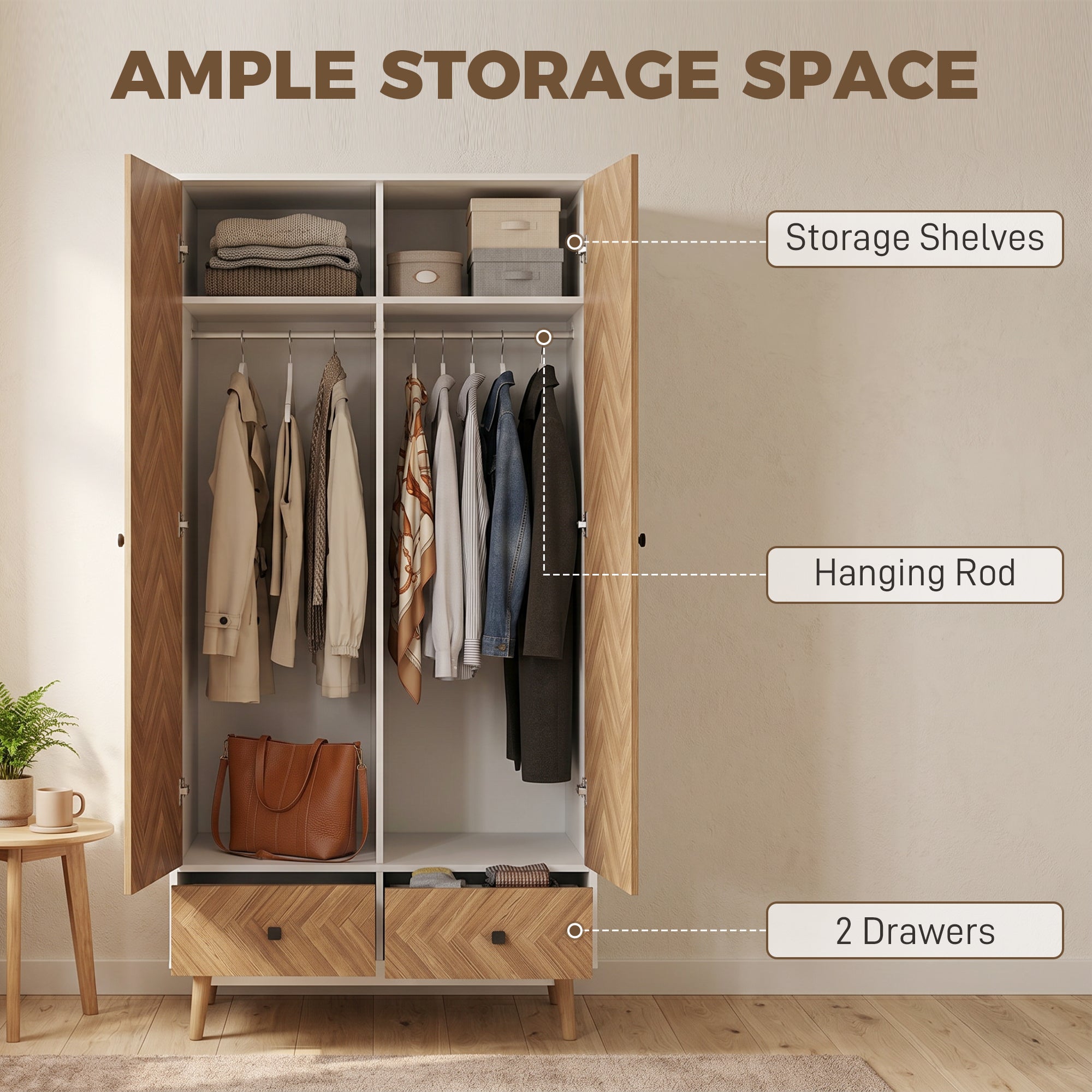 Modern Wardrobe Cabinet Wood-Effect Sticker Surface with 2 Hanging Rods, 2 Storage Shelves and 2 Drawers, 90 x 50 x 190 cm, White and Natural Wood Finish