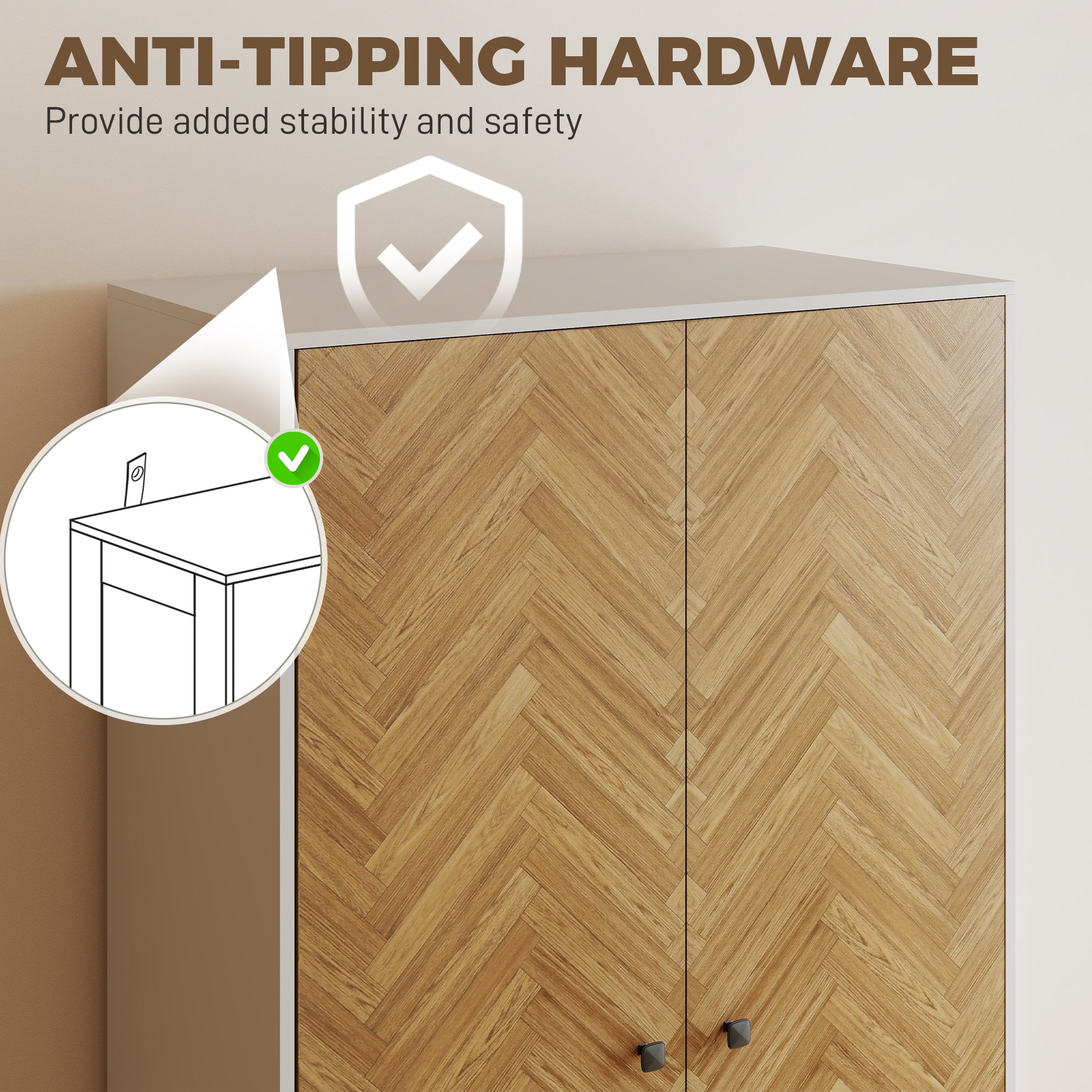 Modern Wardrobe Cabinet Wood-Effect Sticker Surface with 2 Hanging Rods, 2 Storage Shelves and 2 Drawers, 90 x 50 x 190 cm, White and Natural Wood Finish