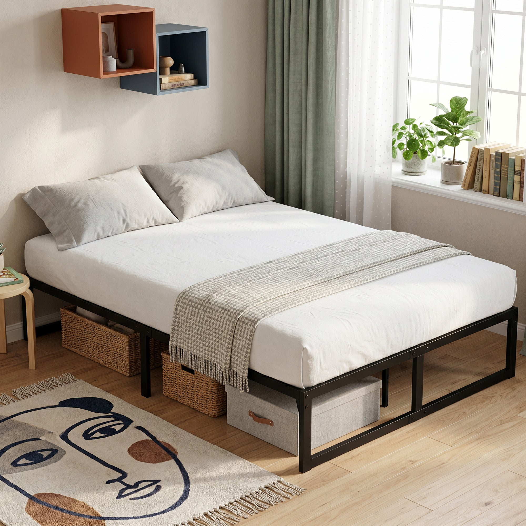 4ft Small Double Bed Frame with Underbed Storage, 32.5 cm Height, Metal Platform Bed Frame with Steel Slat Support, Noise-Free, Easy Assembly, Black