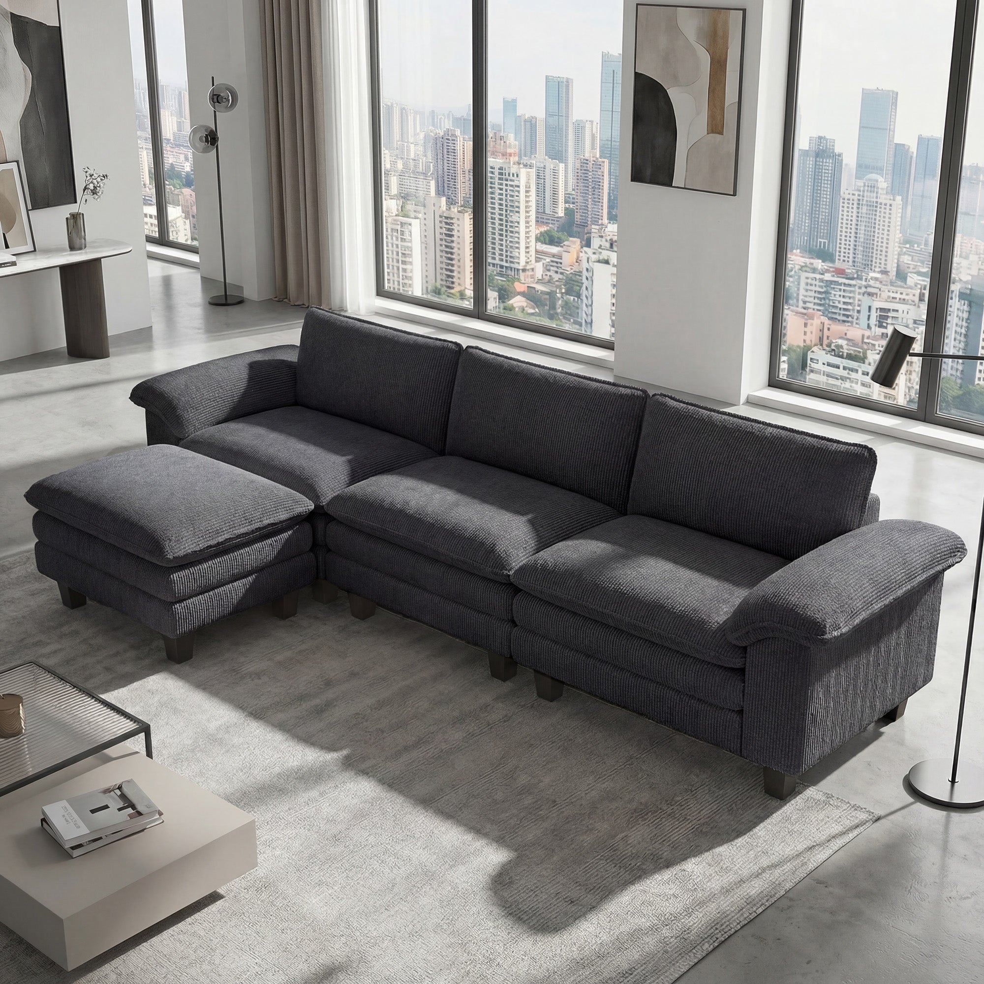 124" Sectional Sofa, L Shaped Couch with Deep Seat, Movable Ottoman and Pillow-top Armrests, Corduroy 3 Seat Sectional Couch for Living Room, 2200lb Capacity, Dark Gray
