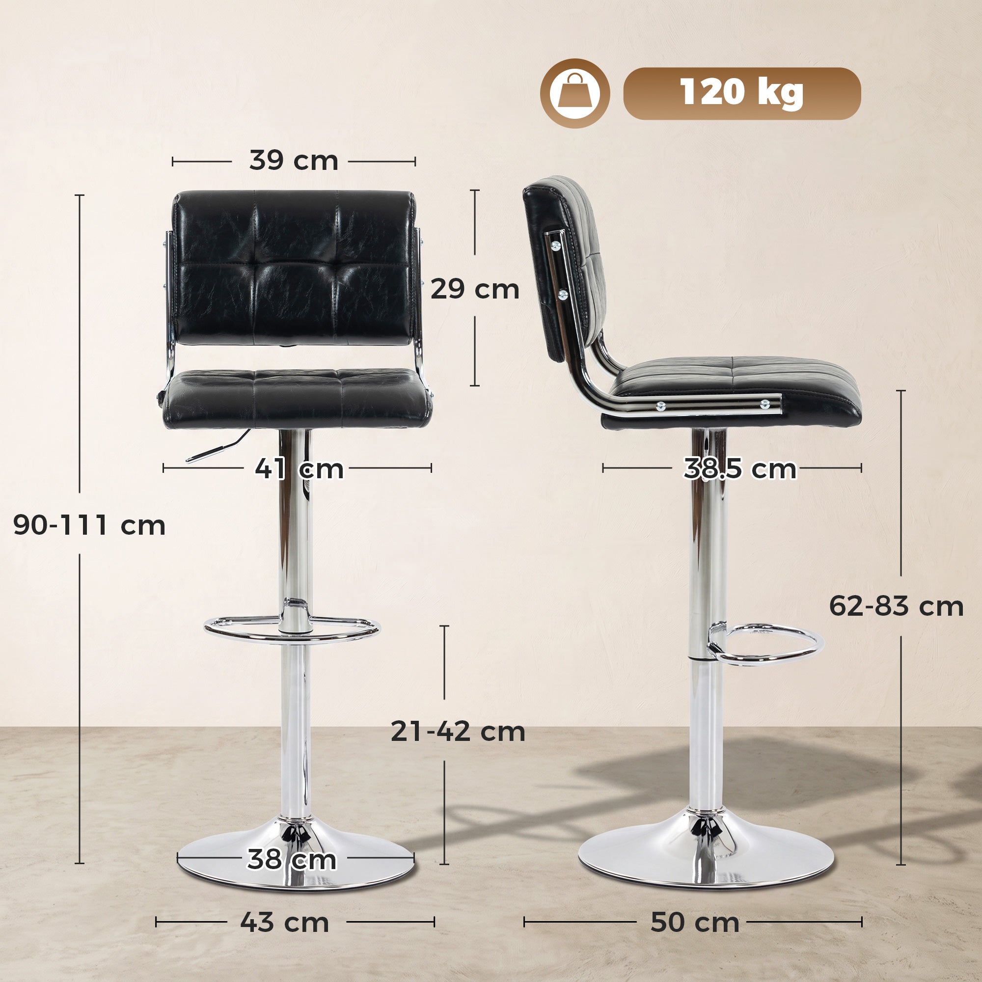 Breakfast Bar Stools Set of 2, Modern PU Leather Swivel BarStools, Adjustable Counter Height Bar Chairs with Backrest and Footrest for Kitchen Island, Dining Room, Bar, Black