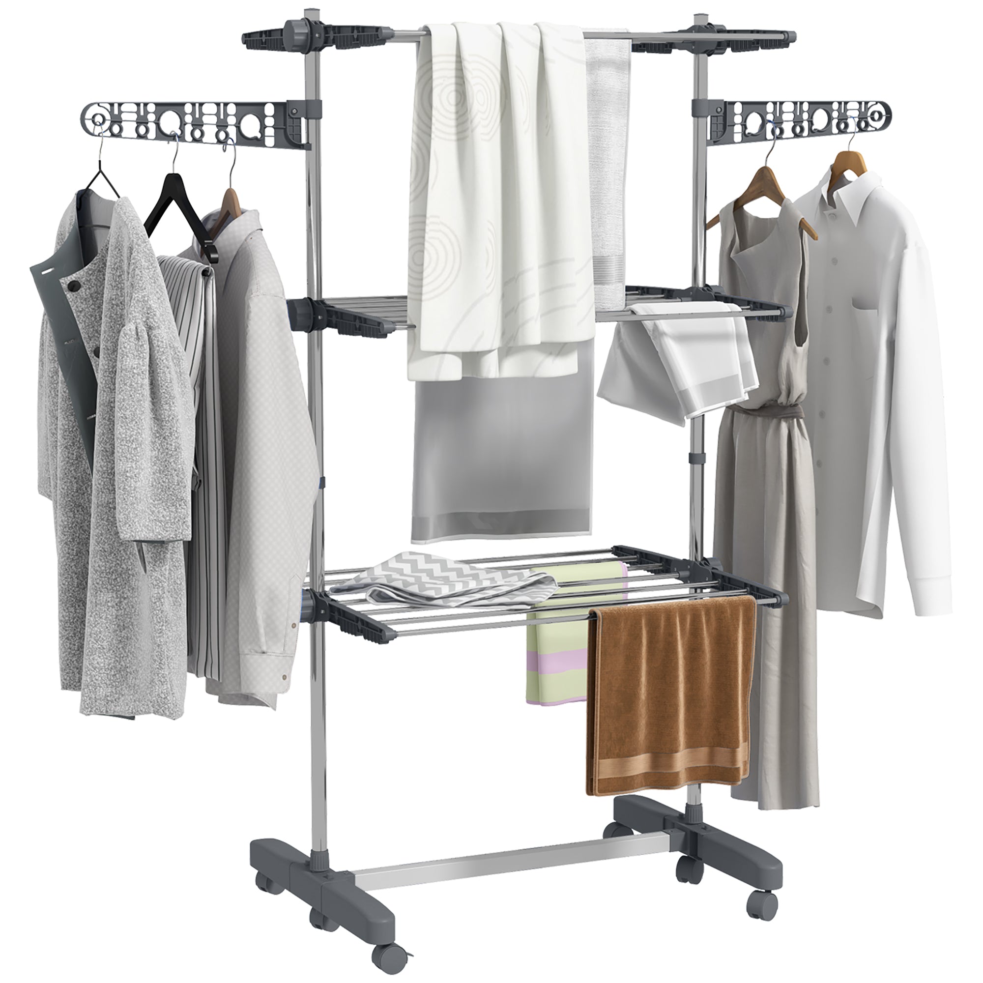 HOMCOM 3-Tier Clothes Drying Rack, Stainless Steel Laundry Rack with 2 Side Wings and 6 Castors, Collapsible Adjustable Clothes Airer for Indoor Outdoor, Grey