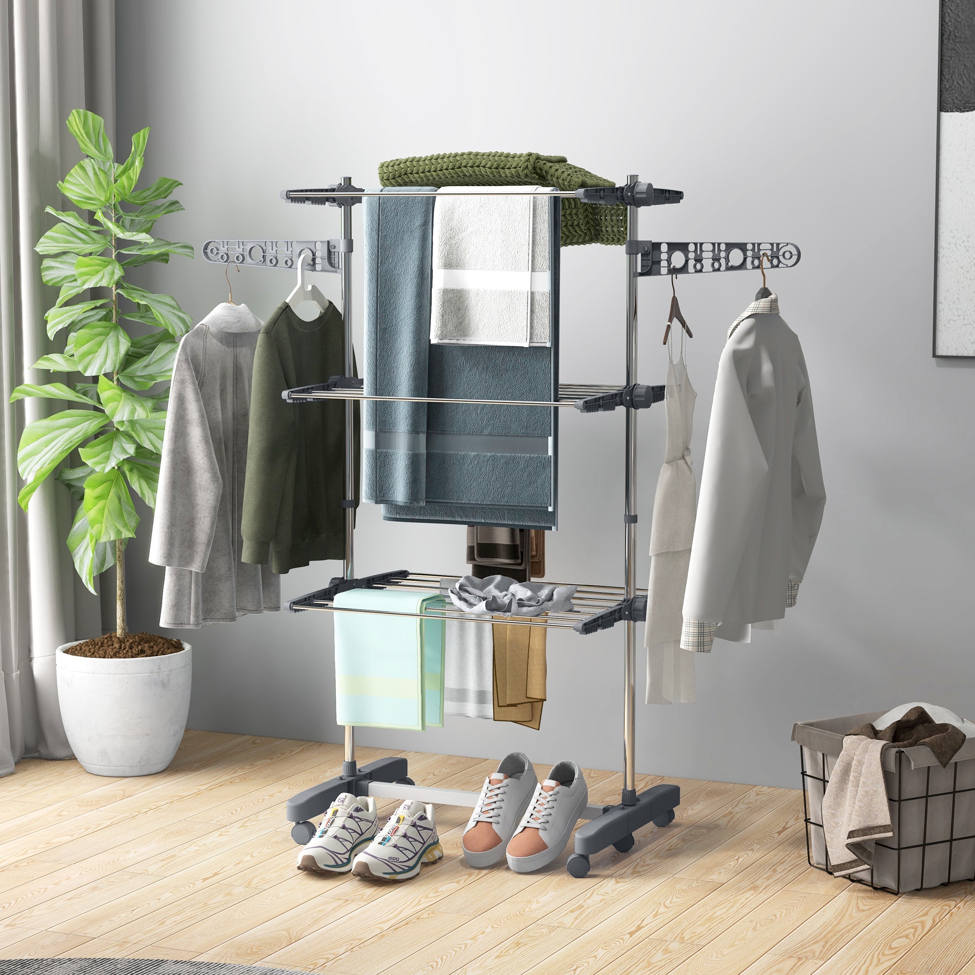 HOMCOM 3-Tier Clothes Airer, Foldable Clothes Drying Rack, Stainless Steel Indoor and Outdoor Clothes Dryer with Wheels and Wings, Easy Assembly, 142 x 55 x 152cm, Grey