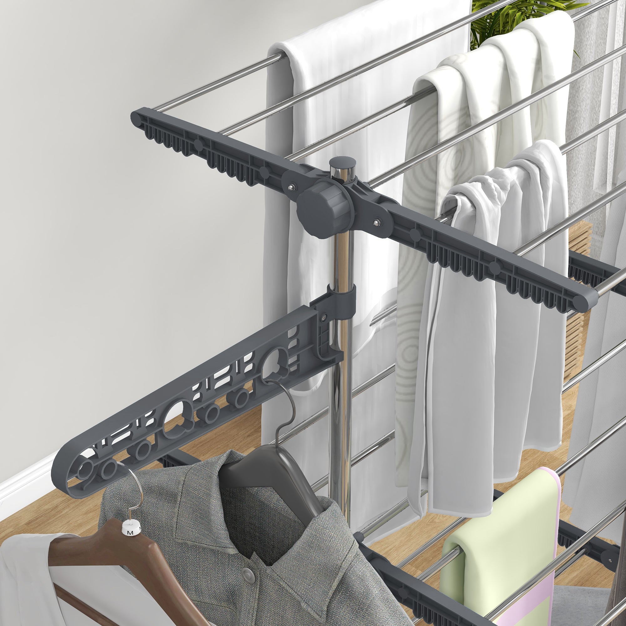 HOMCOM 3-Tier Clothes Airer, Foldable Clothes Drying Rack, Stainless Steel Indoor and Outdoor Clothes Dryer with Wheels and Wings, Easy Assembly, 142 x 55 x 152cm, Grey