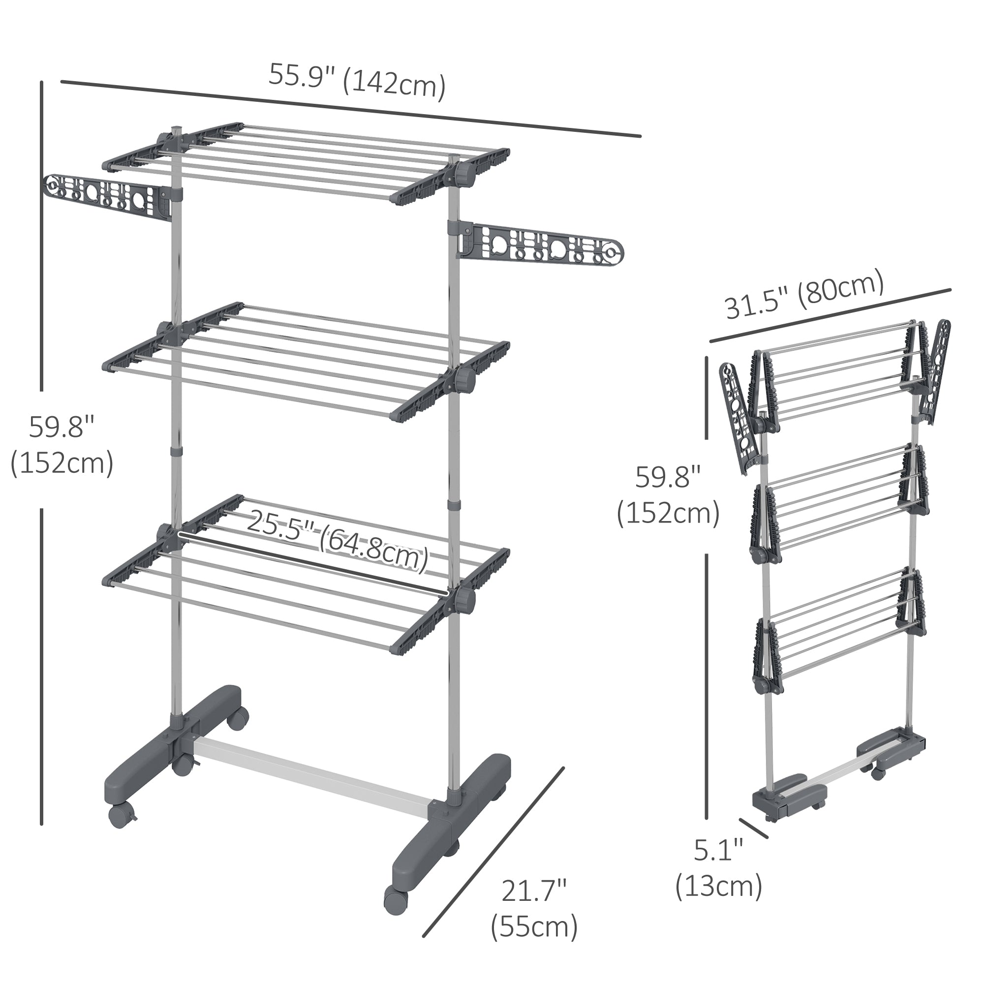 HOMCOM 3-Tier Clothes Drying Rack, Stainless Steel Laundry Rack with 2 Side Wings and 6 Castors, Collapsible Adjustable Clothes Airer for Indoor Outdoor, Grey