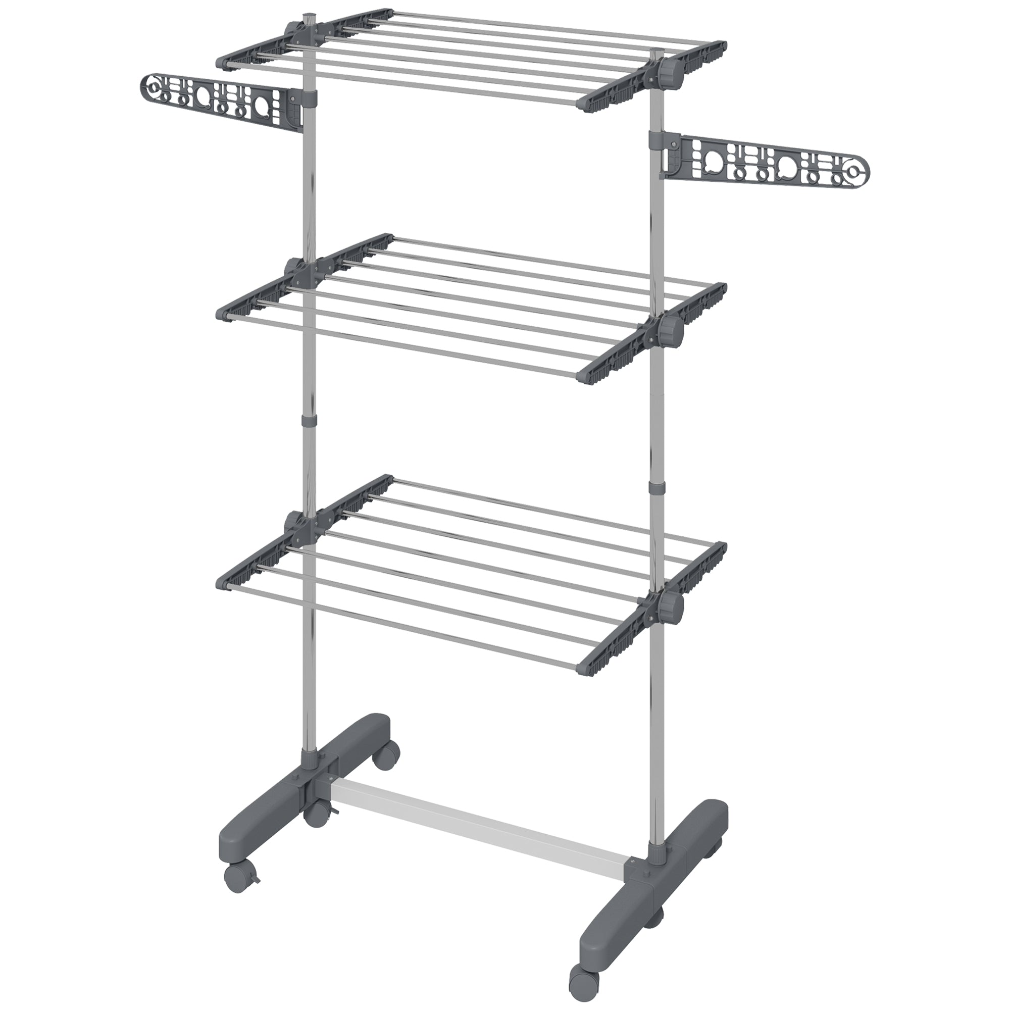 HOMCOM 3-Tier Clothes Drying Rack, Stainless Steel Laundry Rack with 2 Side Wings and 6 Castors, Collapsible Adjustable Clothes Airer for Indoor Outdoor, Grey