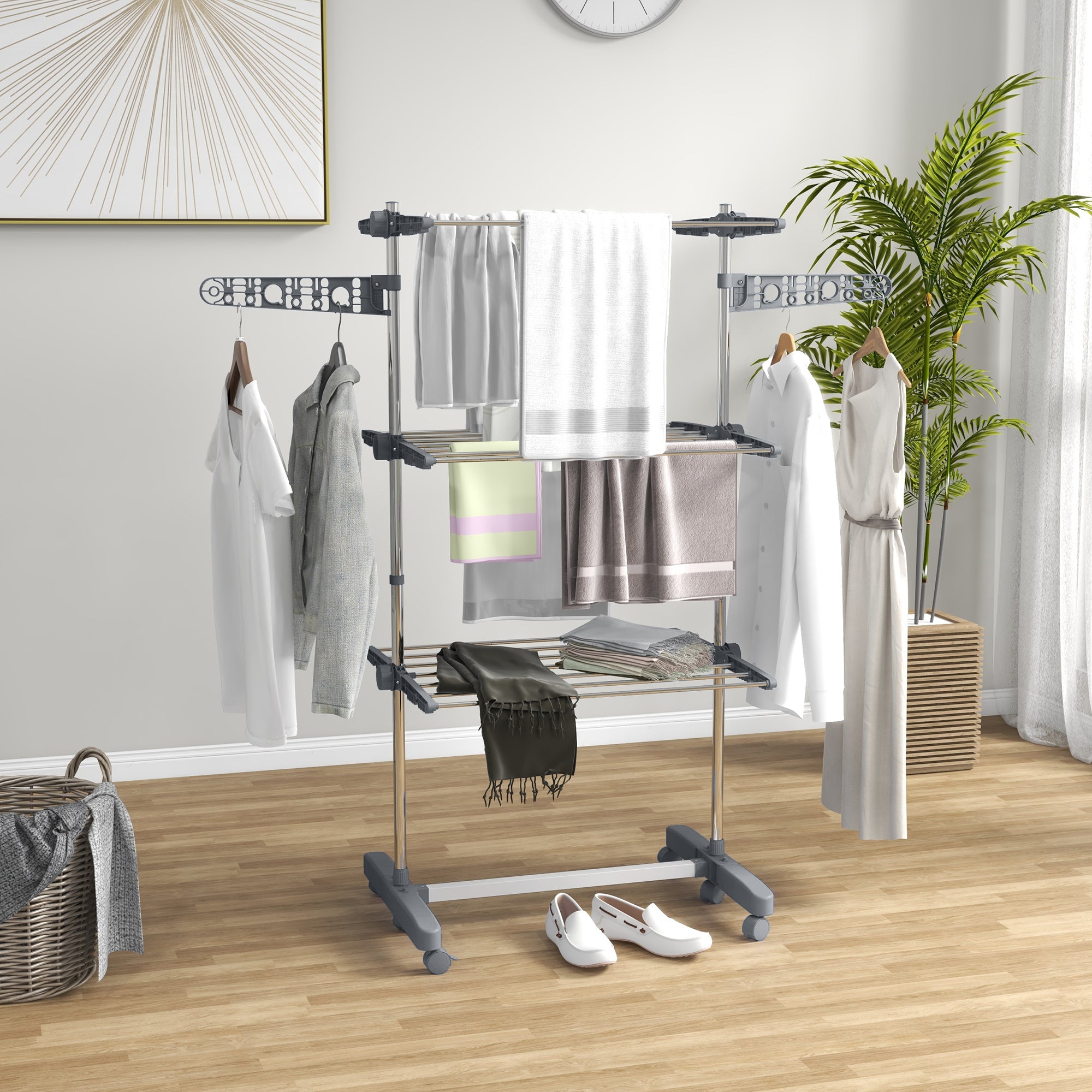 HOMCOM 3-Tier Clothes Airer, Foldable Clothes Drying Rack, Stainless Steel Indoor and Outdoor Clothes Dryer with Wheels and Wings, Easy Assembly, 142 x 55 x 152cm, Grey