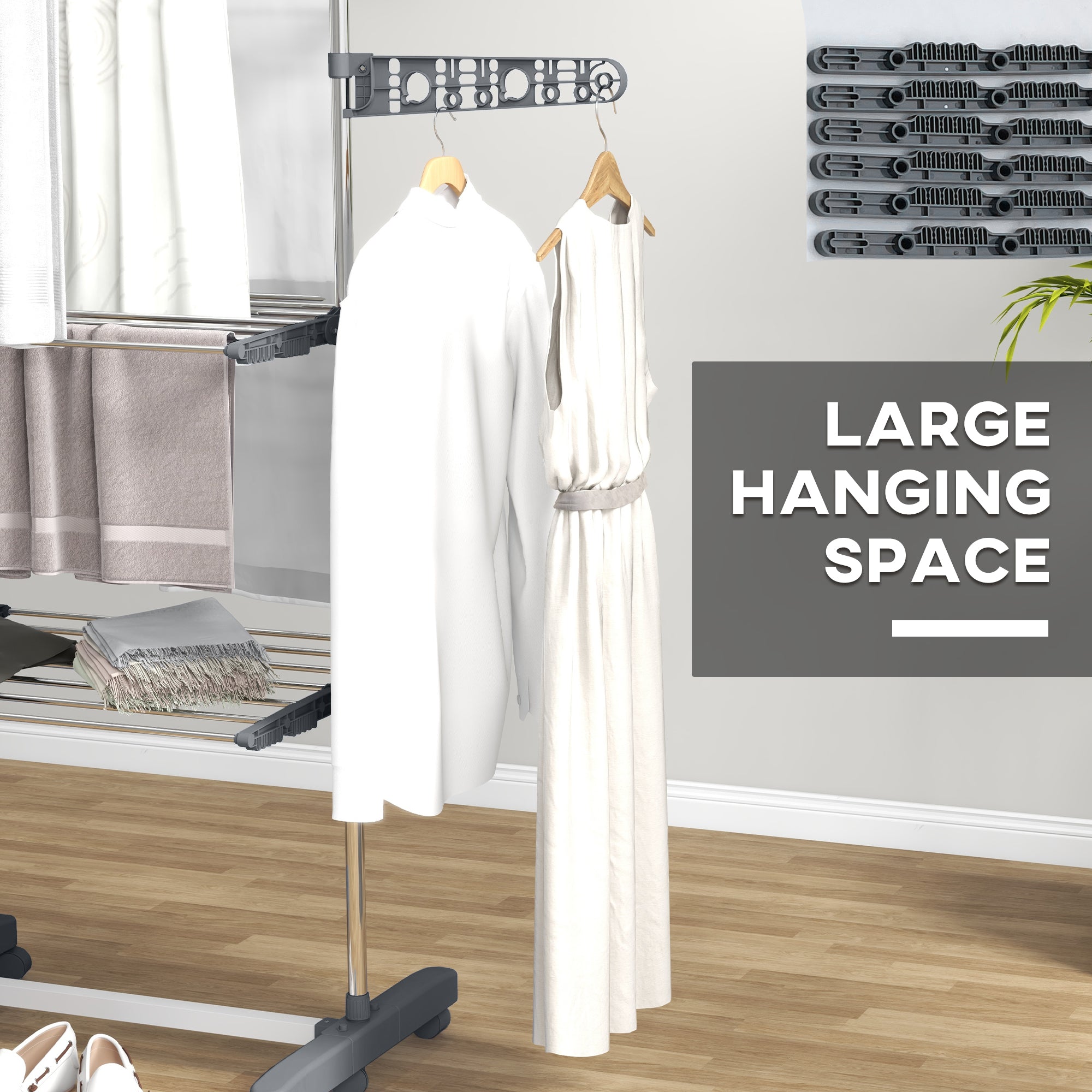 HOMCOM 3-Tier Clothes Airer, Foldable Clothes Drying Rack, Stainless Steel Indoor and Outdoor Clothes Dryer with Wheels and Wings, Easy Assembly, 142 x 55 x 152cm, Grey