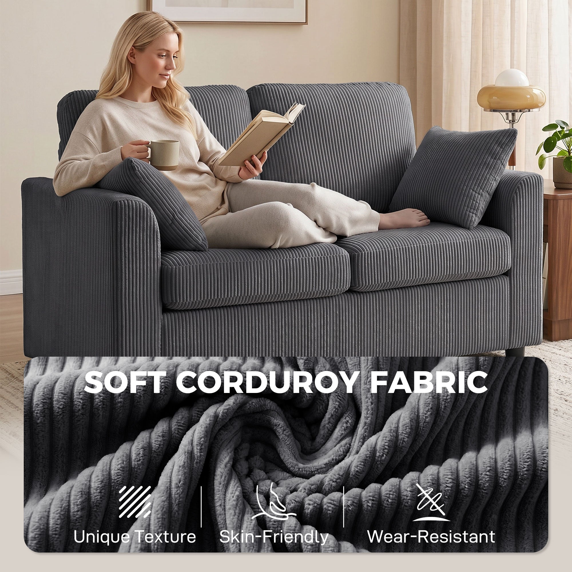 2 Seater Sofa, 144cm Corduroy Small Couch with Spring Cushion, Wide and Deep Seat, Plush Backrest, 2 Pillows, Loveseat Sofa Settee for Small Space, Living Room, Bedroom, Home Office, Dark Grey
