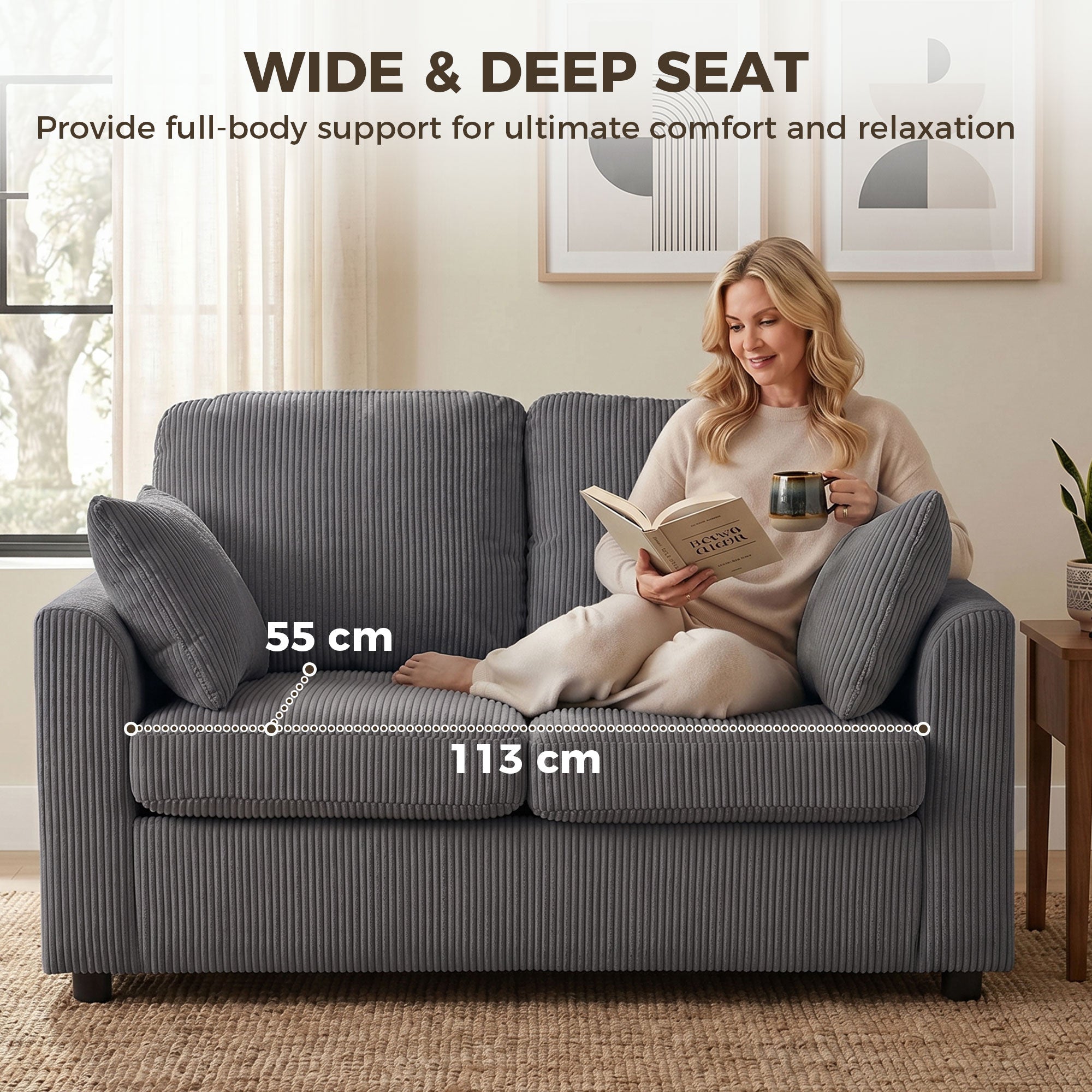 2 Seater Sofa, 144cm Corduroy Small Couch with Spring Cushion, Wide and Deep Seat, Plush Backrest, 2 Pillows, Loveseat Sofa Settee for Small Space, Living Room, Bedroom, Home Office, Dark Grey
