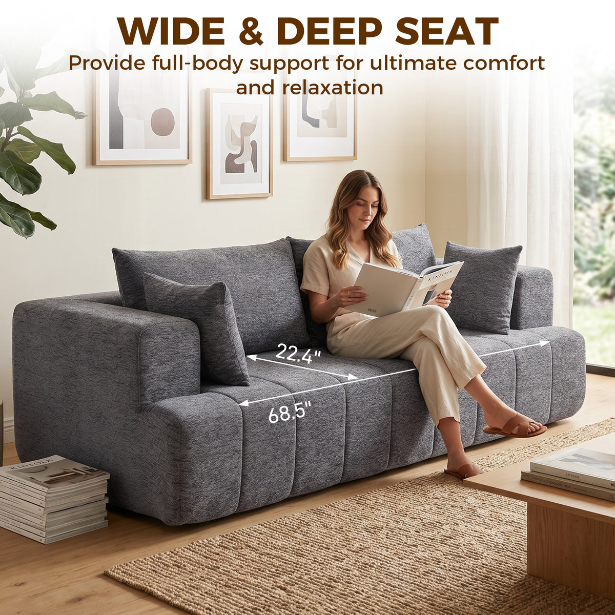 3 Seater Sofa, Chenille Boneless Cloud Couch with Thick Spring Cushion, Wide and Deep Seat, Wide Armrests, 2 Pillows, Anti-Slip Bottom, Modern Sofa Settee for Living Room, Grey