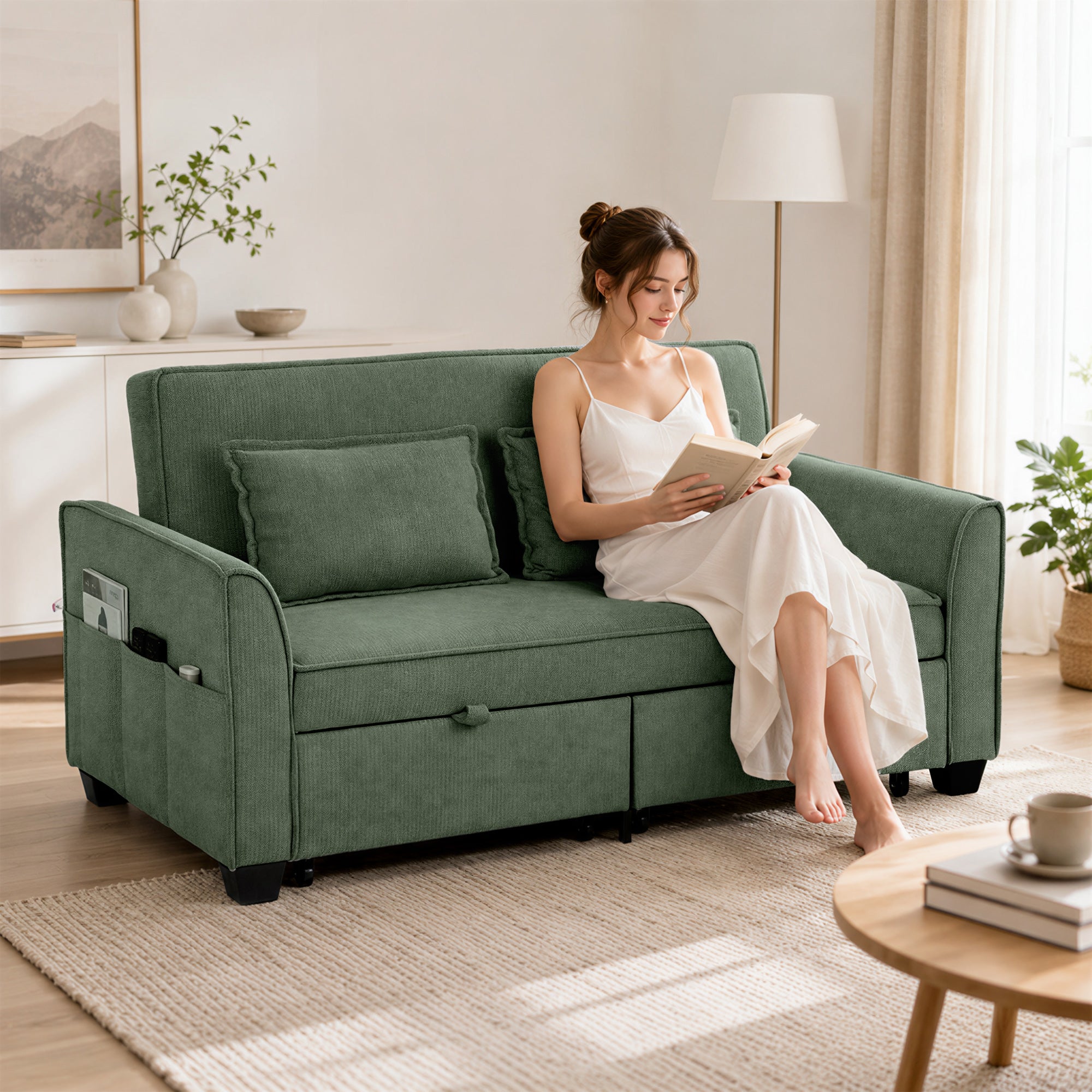 2 Seater Sofa Bed, 4-in-1 L Shaped Convertible Pull Out Sleeper Sofa with Adjustable Backrest, Chenille Loveseat with 2 Pillows, Wide Deep Seat, Side Pockets for Living Room, Dark Green