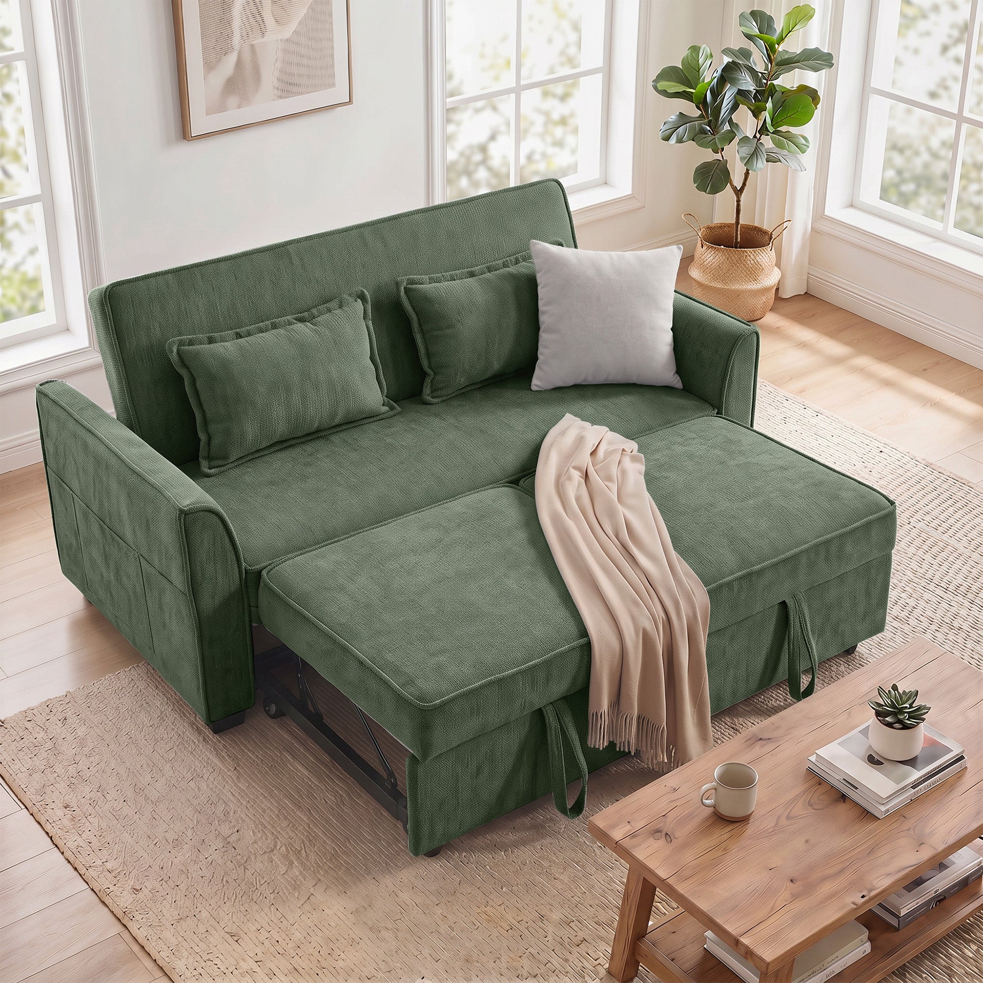 2 Seater Sofa Bed, 4-in-1 L Shaped Convertible Pull Out Sleeper Sofa with Adjustable Backrest, Chenille Loveseat with 2 Pillows, Wide Deep Seat, Side Pockets for Living Room, Dark Green