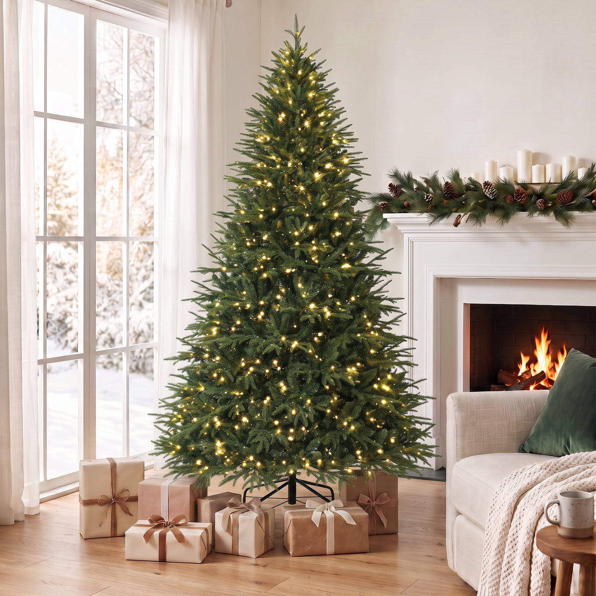 7.5ft Pre-lit Classic Artificial Christmas Tree, Hinged Realistic Xmas Tree with 3,719 Branch Tips, 1000 Warm White LED Lights, Foldable Metal Stand, Home Office, Party Decoration, Green