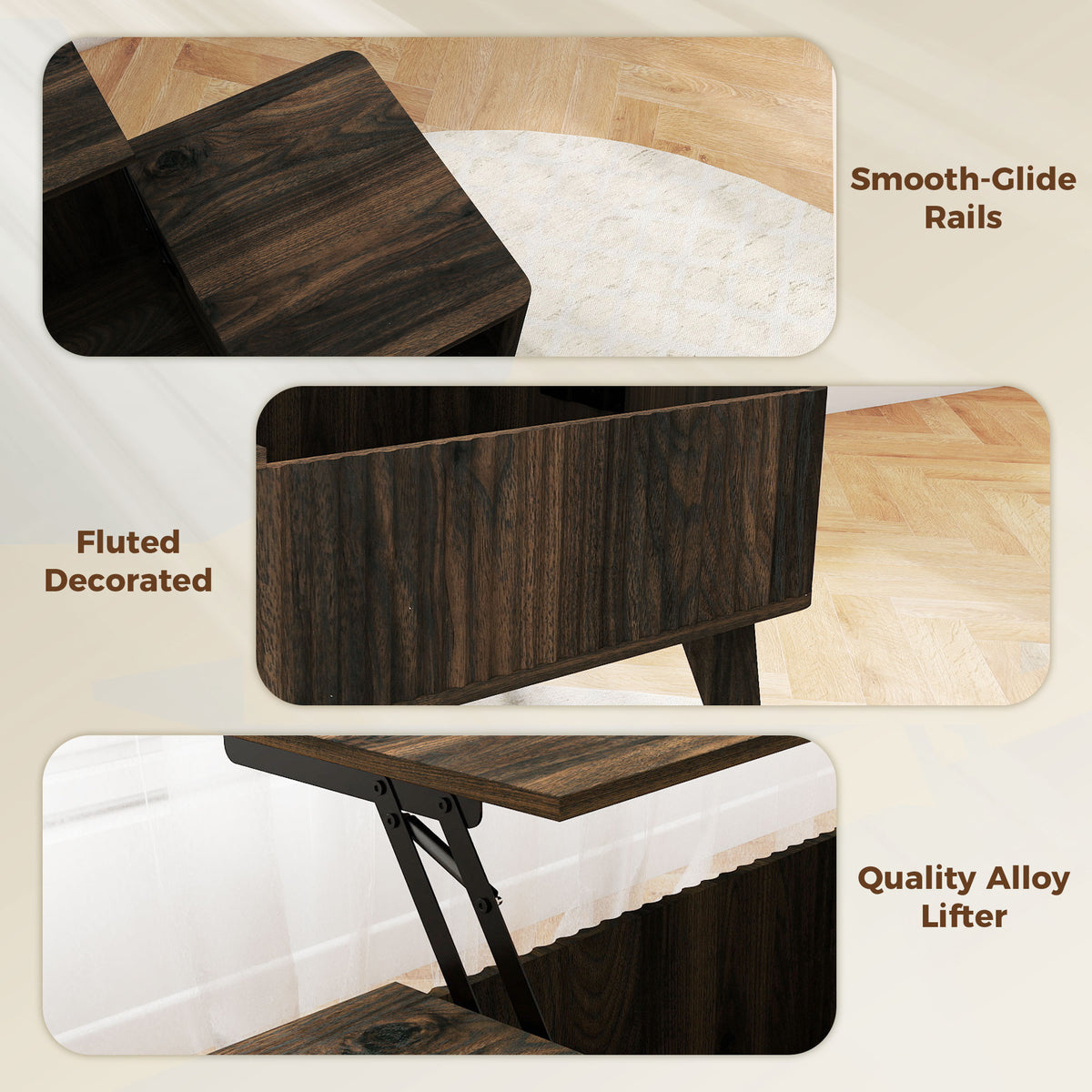 40" Fluted Lift Top Coffee Table with Storage, Mid-Century Modern Coffee Table with Hidden Compartment, Open Shelf and Rounded Corners for Living Room, Walnut