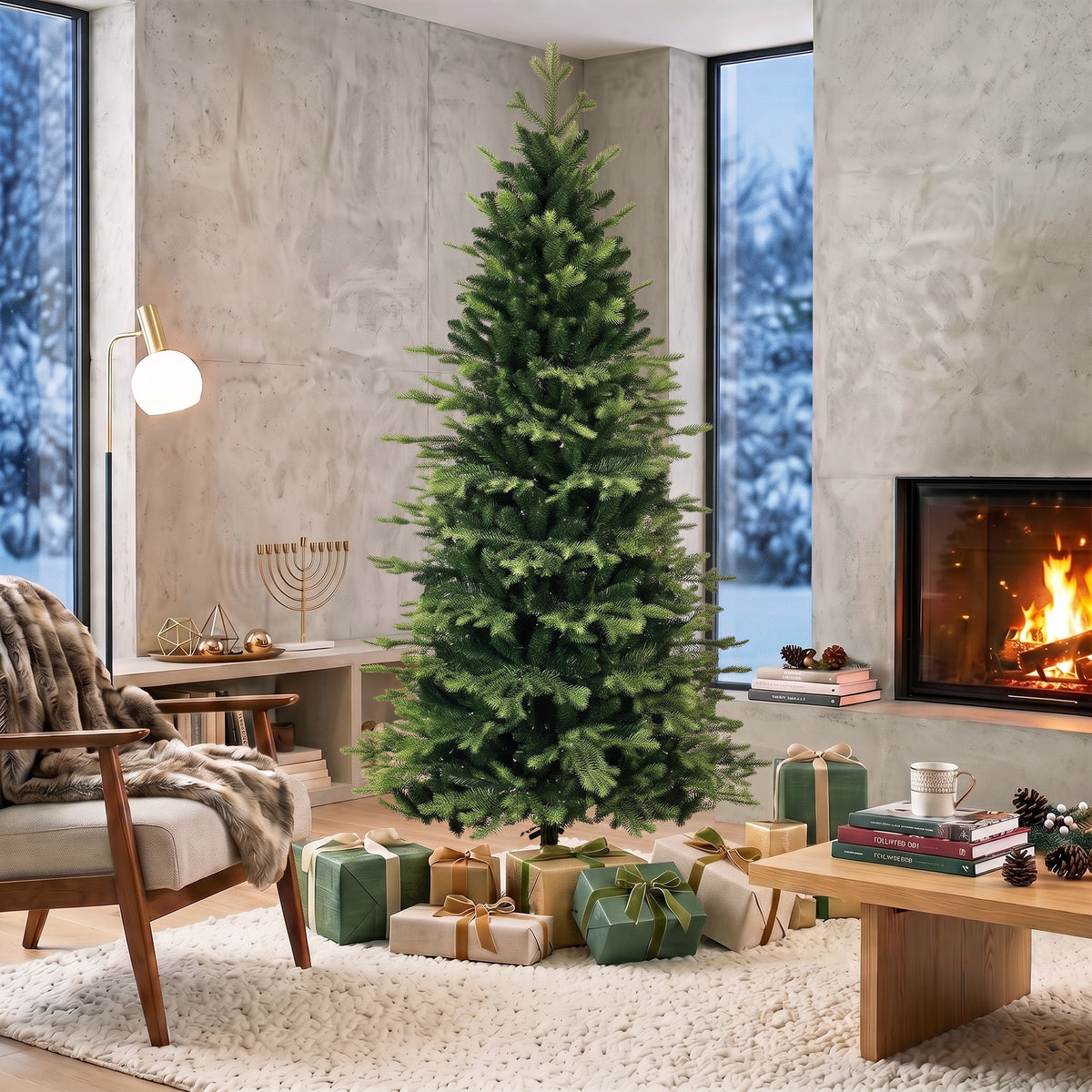 7ft/210cm Artificial Christmas Tree, Geneva Fir Hinged Xmas Tree with 2079 Branch Tips, Foldable Steel Stand, Easy Assembly for Home Office Holiday Decoration, Green