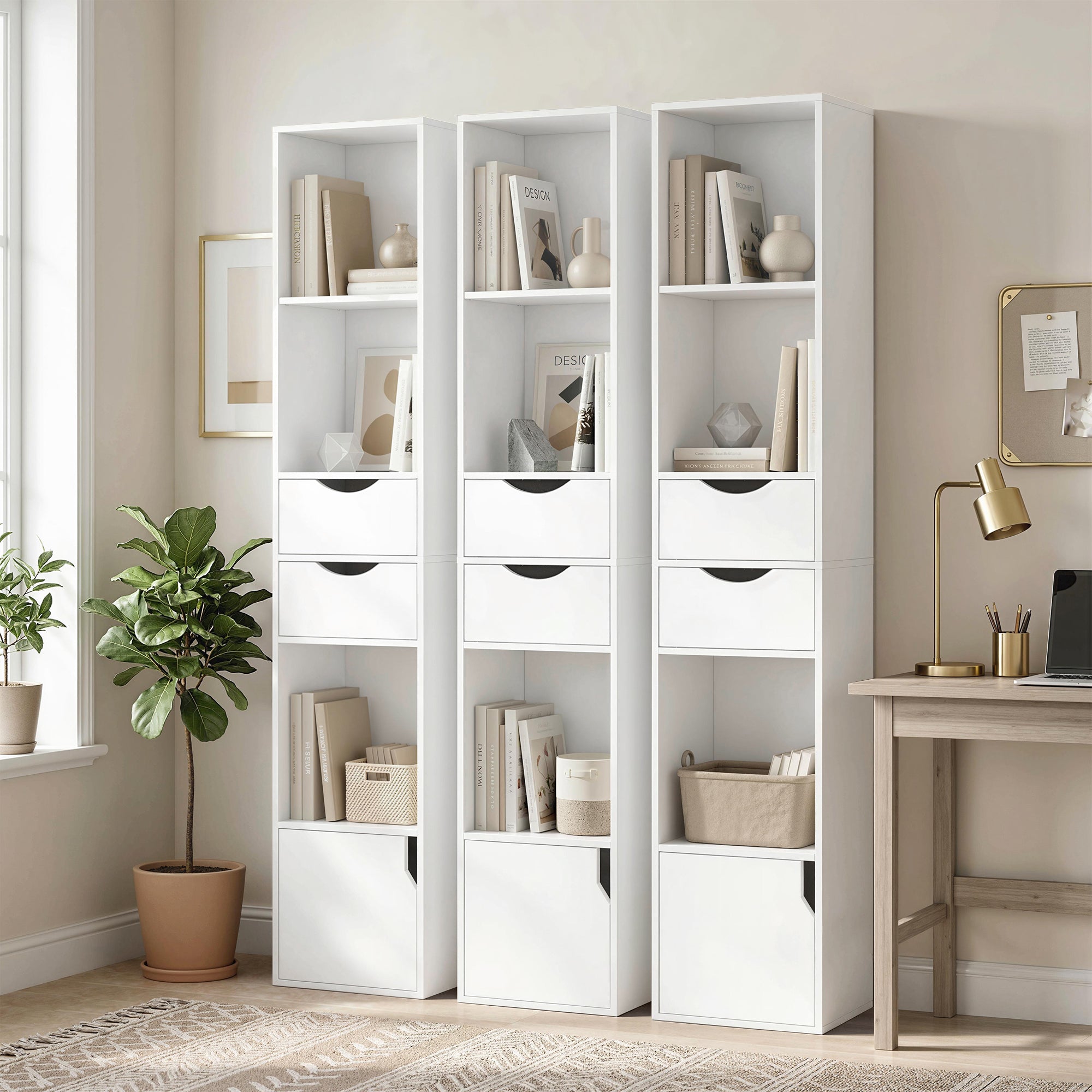 158 cm Bookcase with Drawers, 3-Tier Bookshelf, Slim Storage Cabinet with Doors, Adjustable Shelf for Living Room, Bedroom, Home Office, White