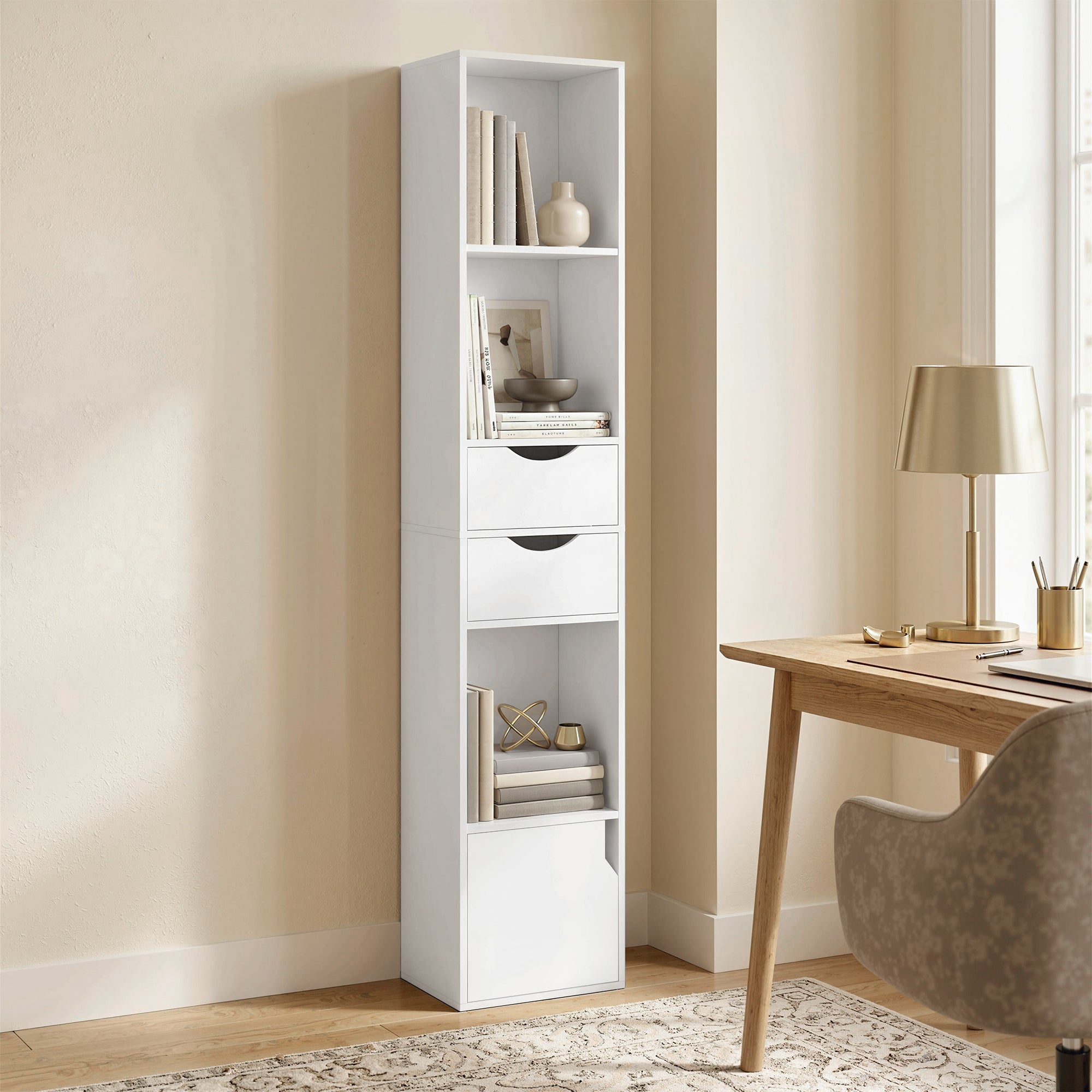 158 cm Bookcase with Drawers, 3-Tier Bookshelf, Slim Storage Cabinet with Doors, Adjustable Shelf for Living Room, Bedroom, Home Office, White