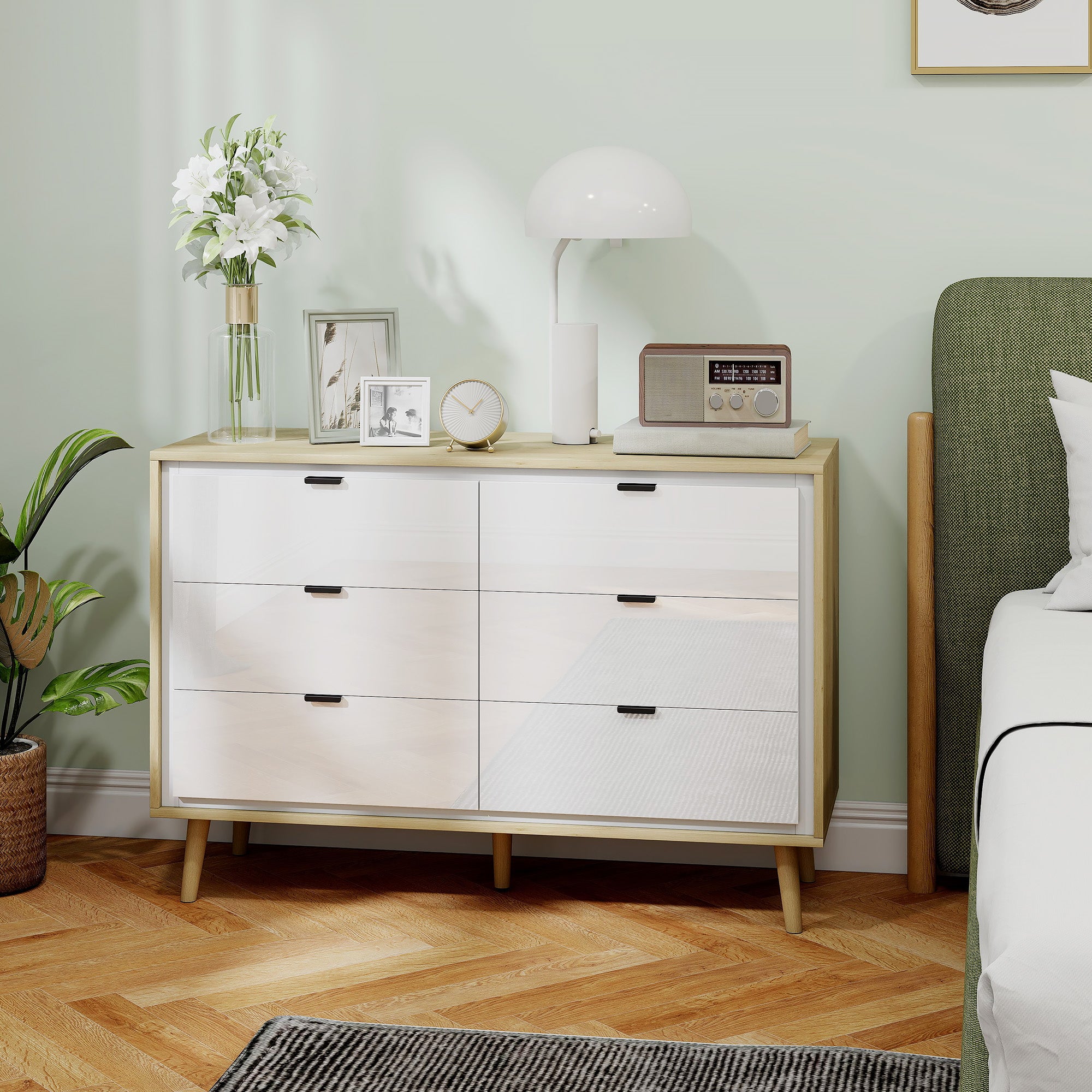 Chest of Drawers, 6 Drawer Dresser, Storage Cabinet with 6  Drawers and 5 Legs for Bedroom, Living Room,  High Gloss White