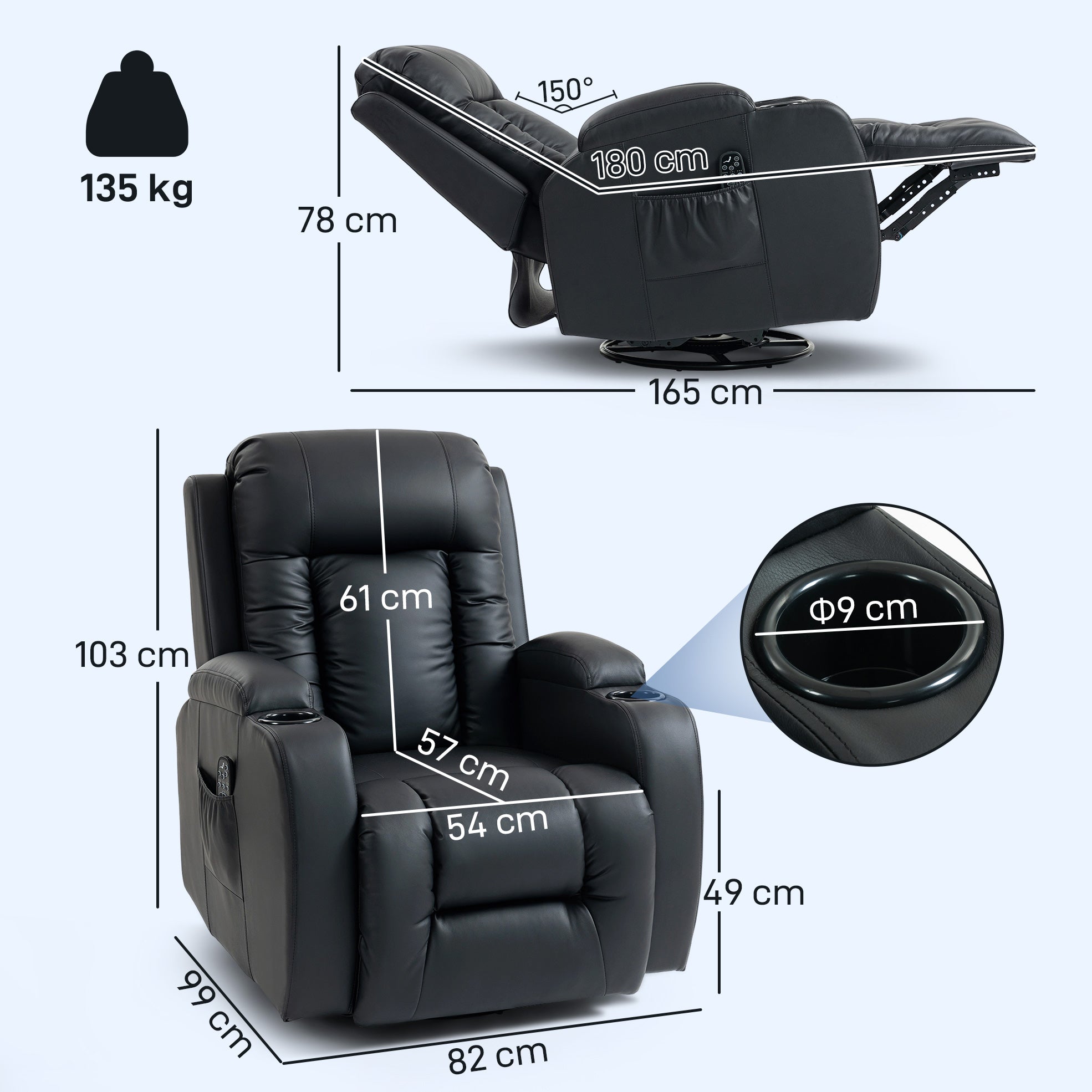 Recliner Armchair with Massage & Heat, PU Leather Recliner Chair with Extended Footrest, Cup Holders and Side Pockets, Swivel Rocking Manual Reclining Chair for Living Room, Black