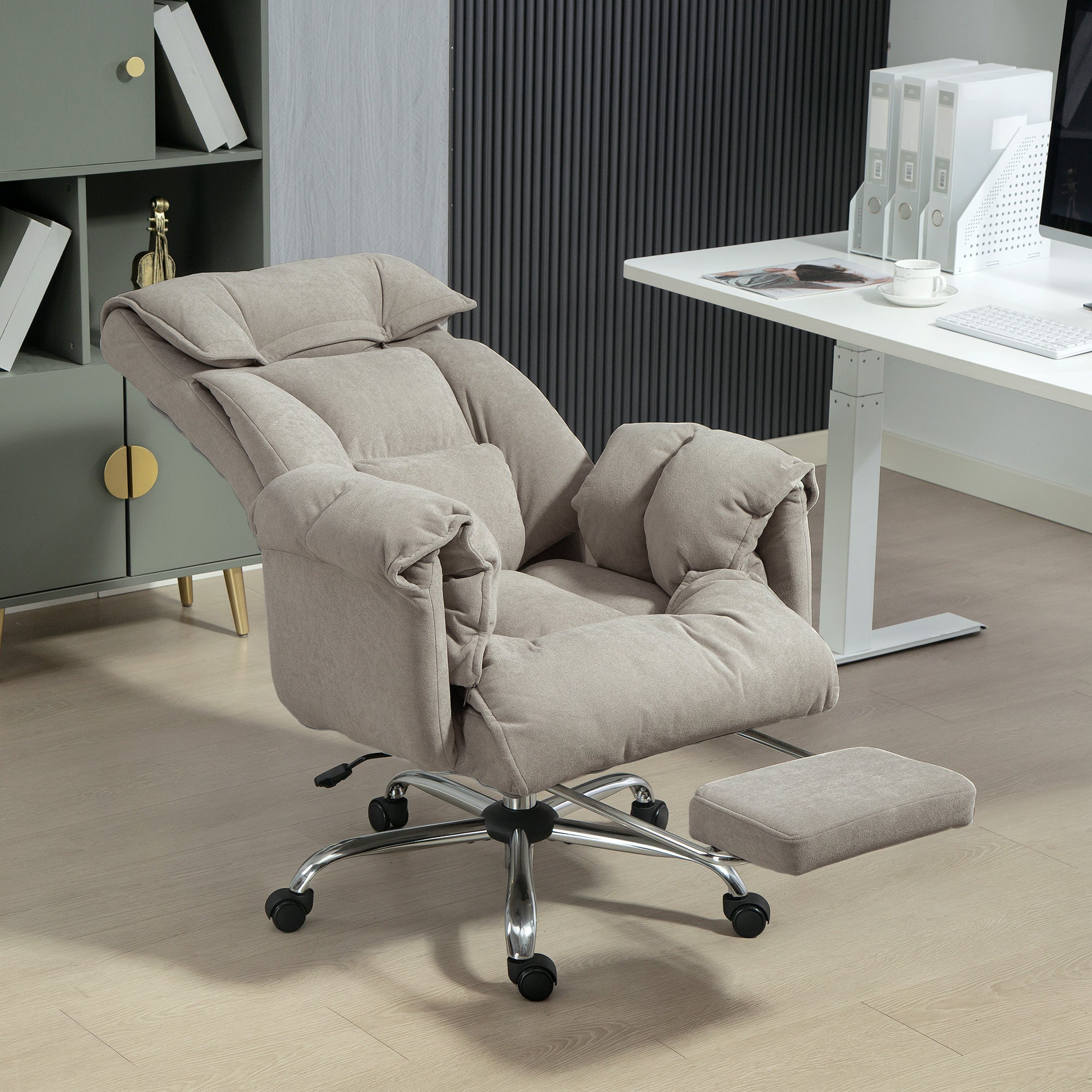 Executive Office Chair with Footrest, Reclining Swivel Computer Desk Chair with High Back, Thick Cushion, Padded Armrest, Adjustable Height, Rolling Wheels, Light Taupe Gray