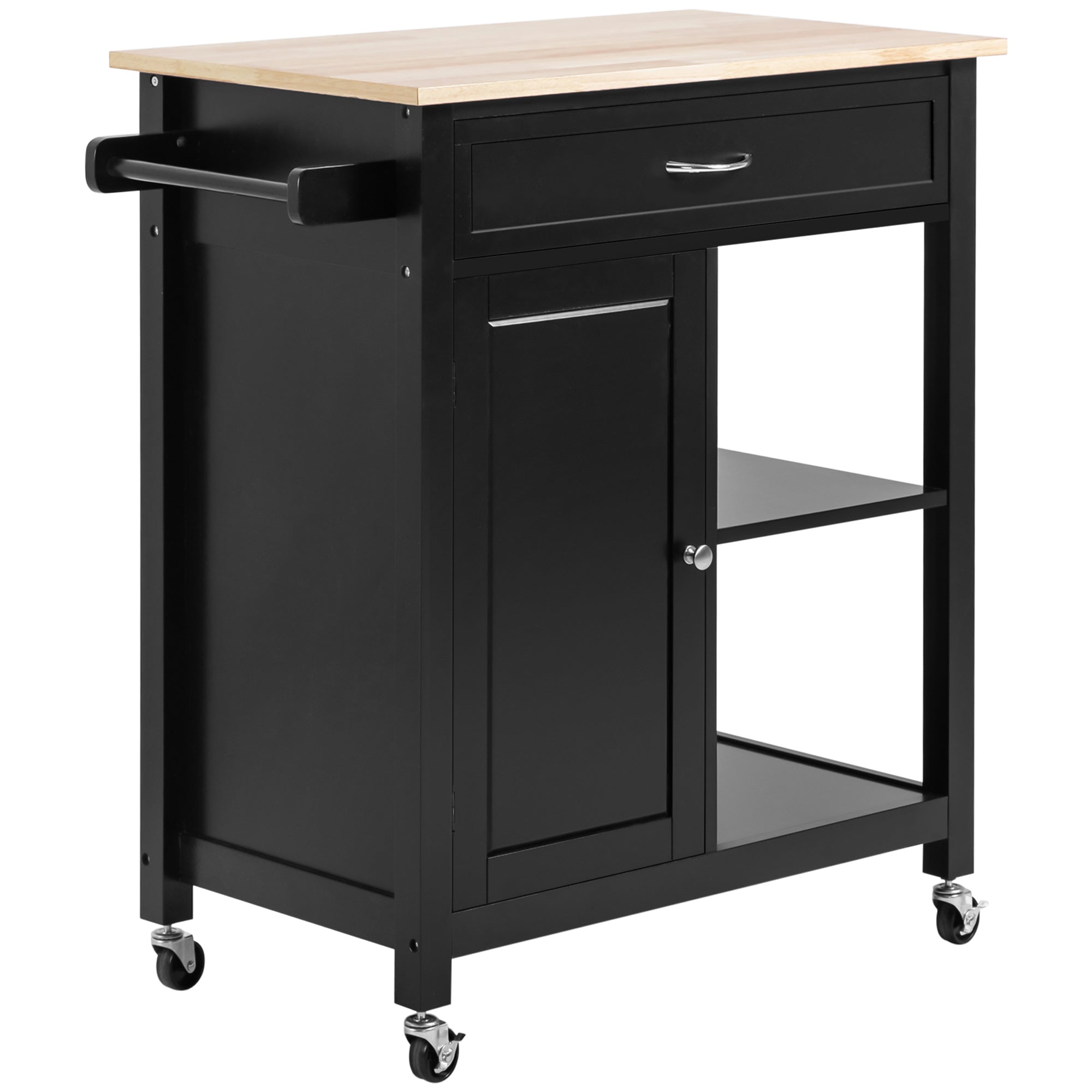 HOMCOM Rolling Kitchen Cart with Wood Top and Drawer, Kitchen Island on Wheels for Dining Room, Black